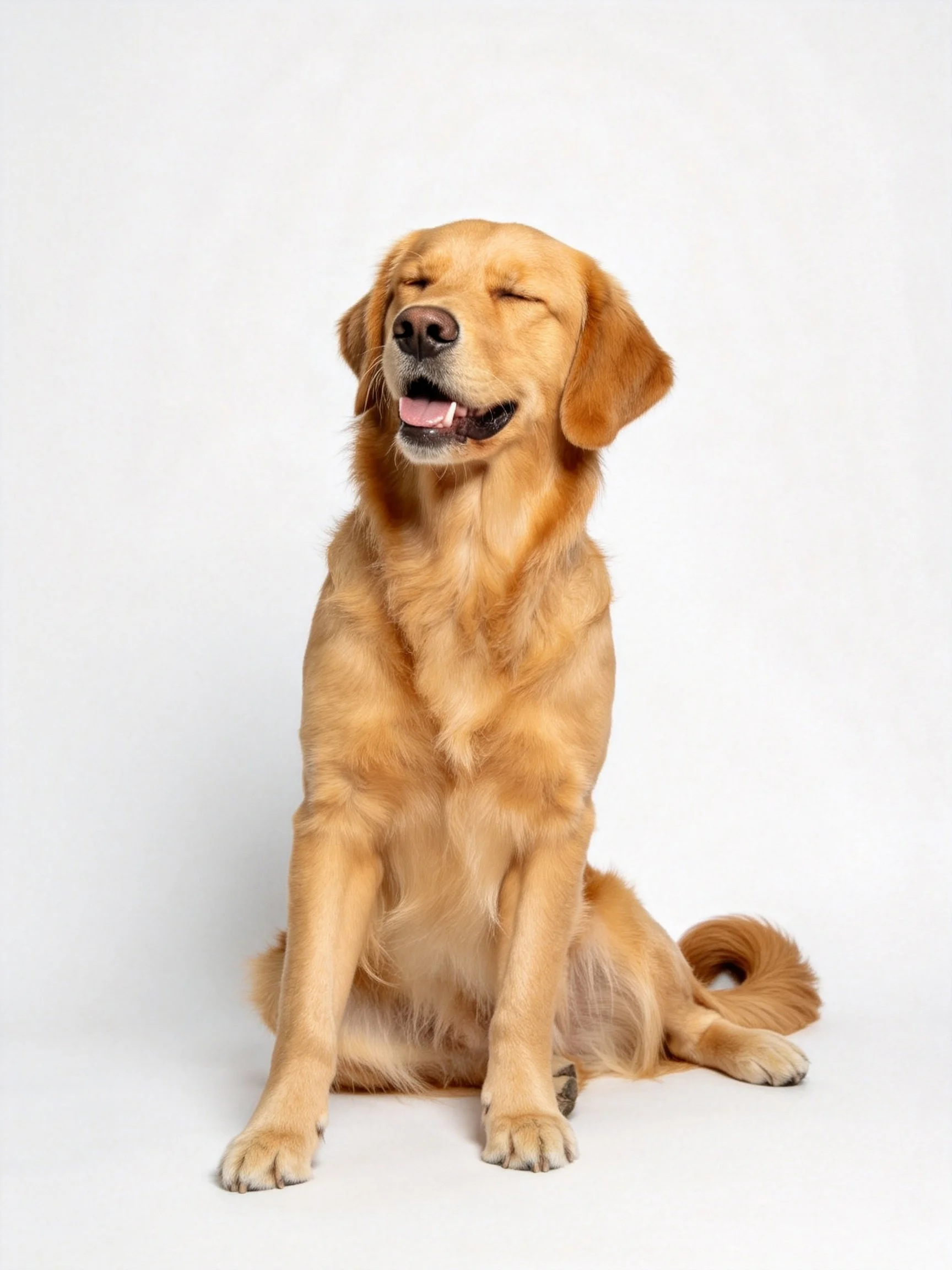 A golden retriever sitting calmly with eyes closed