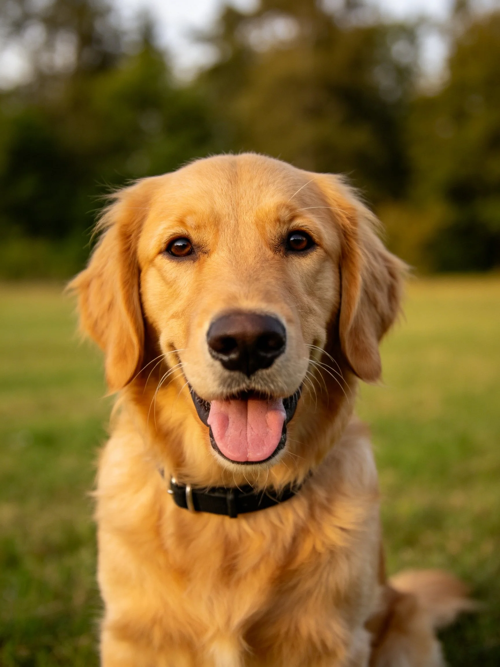 A golden retriever sitting contentedly in a sunlit green field