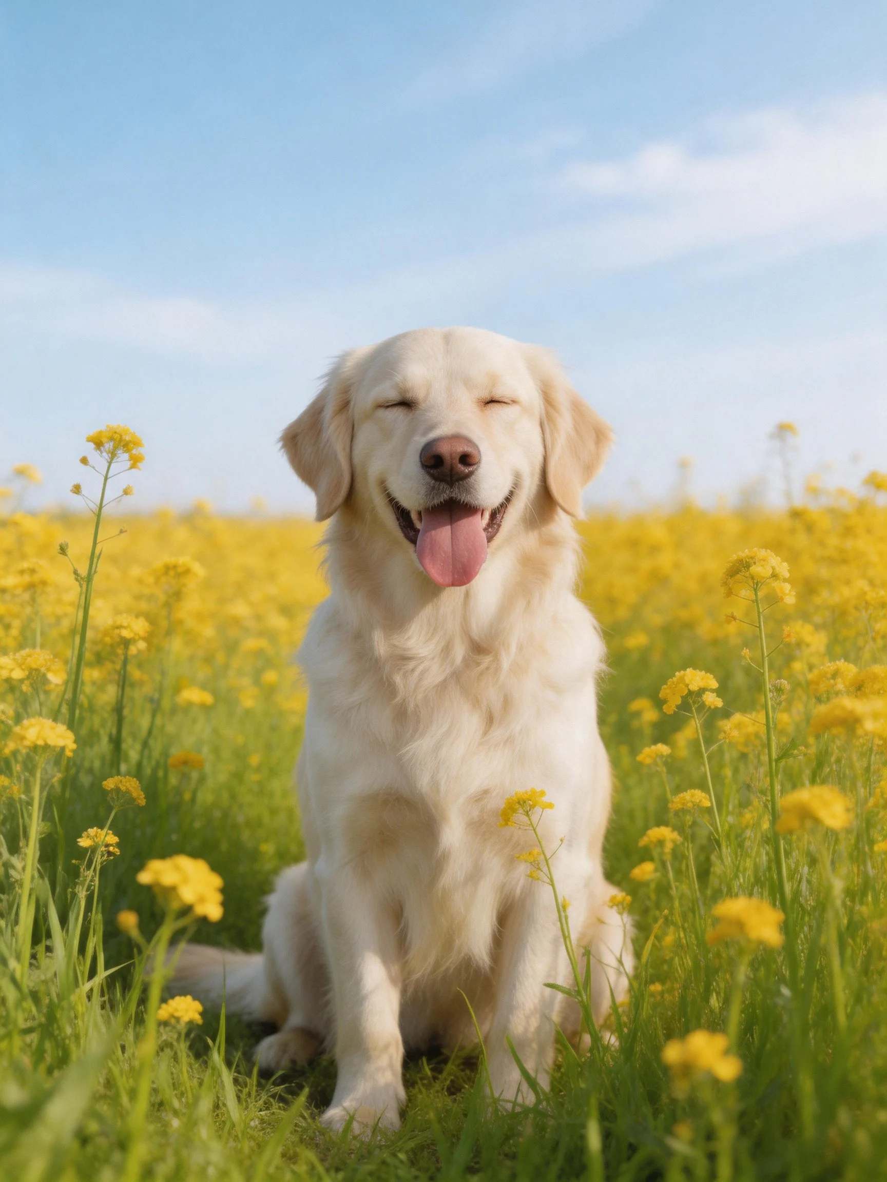 A golden retriever sitting contentedly in a vibrant yellow flower field