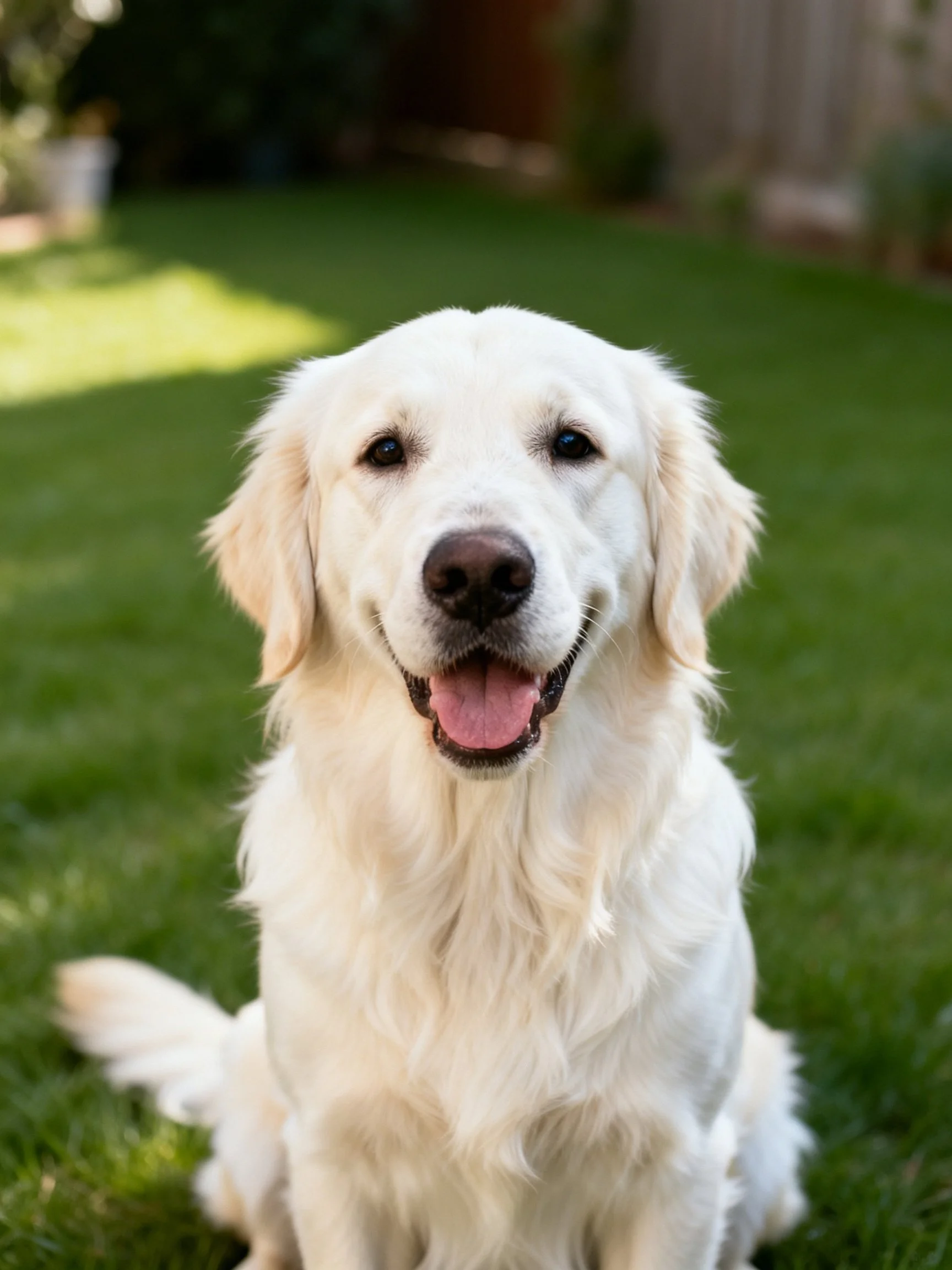 A golden retriever sitting contentedly on lush green grass