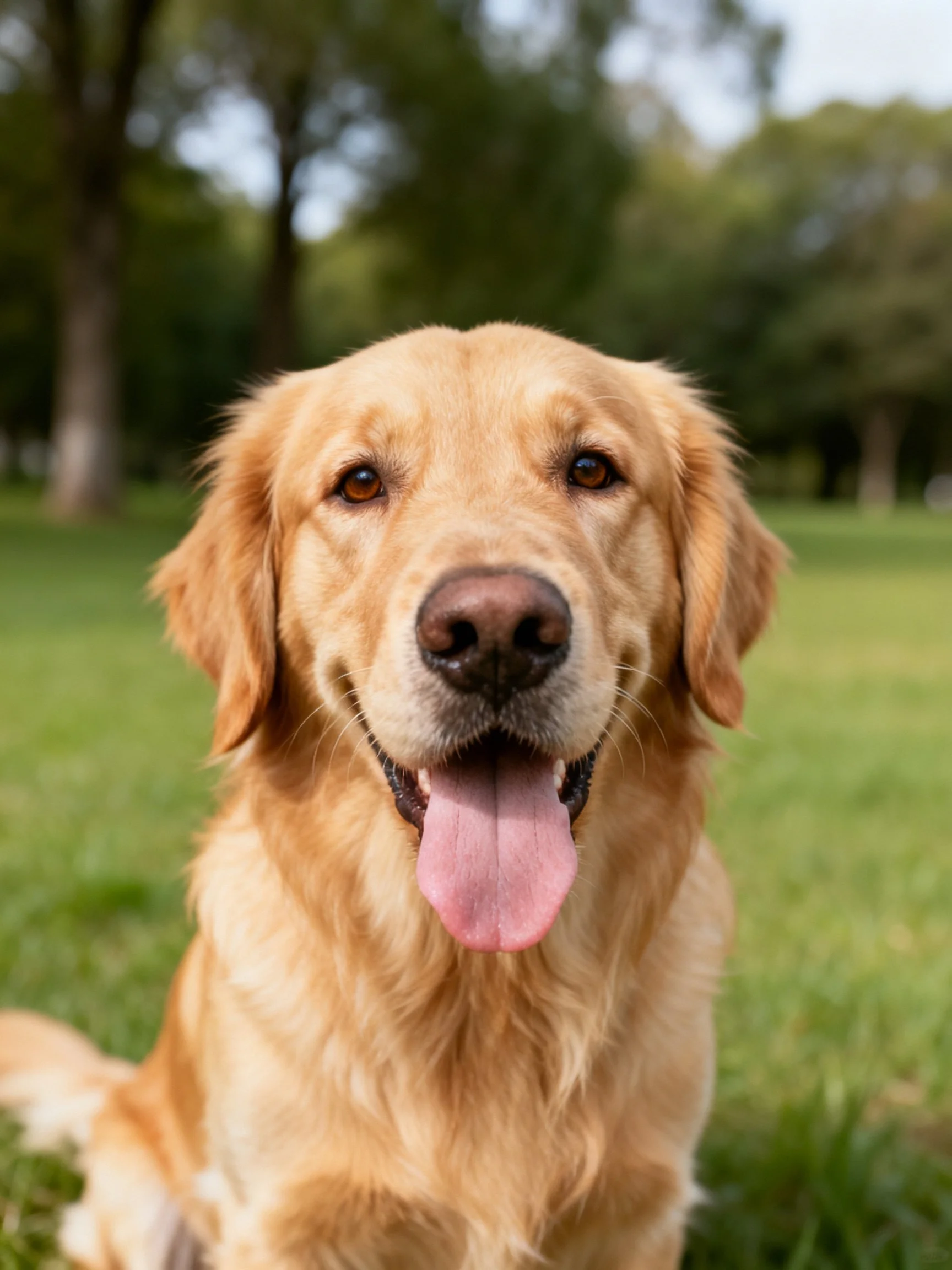 A golden retriever sitting happily in a green park setting