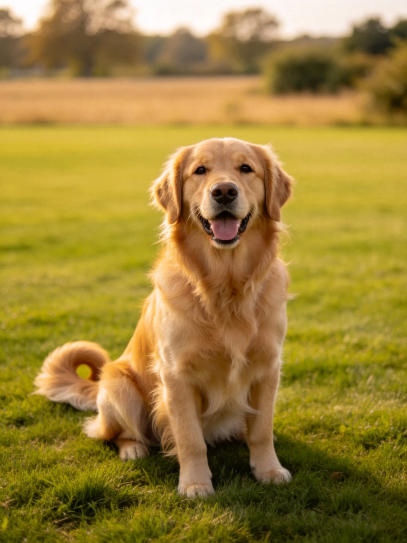 A golden retriever sits contentedly on green grass in a sunlit open field.