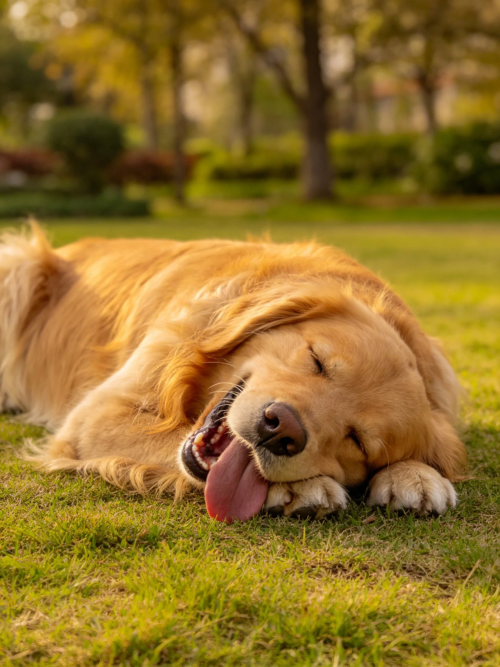A golden retriever sleeping on grass in a sunlit park