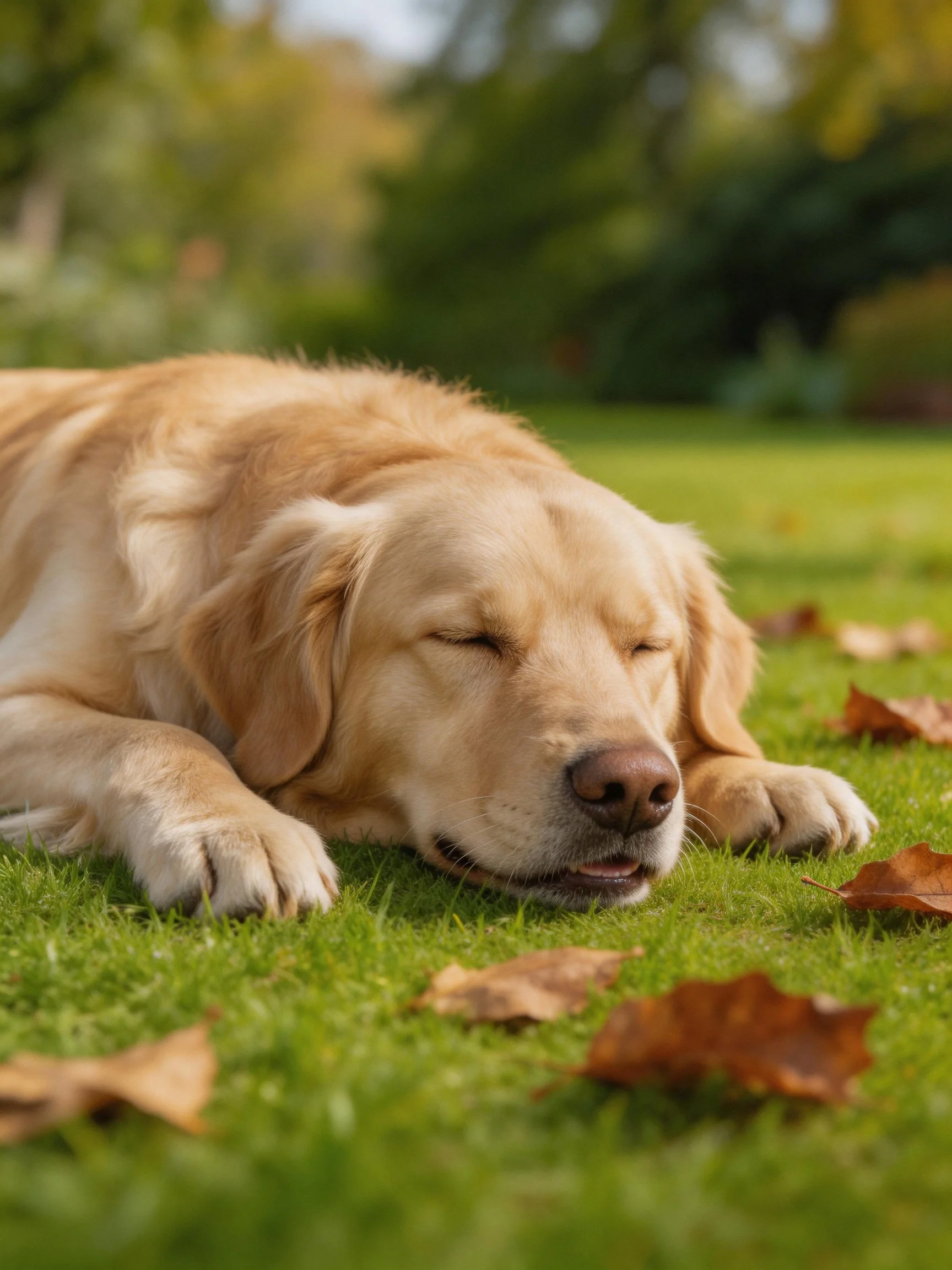 A golden retriever sleeps on green grass surrounded by fallen leaves