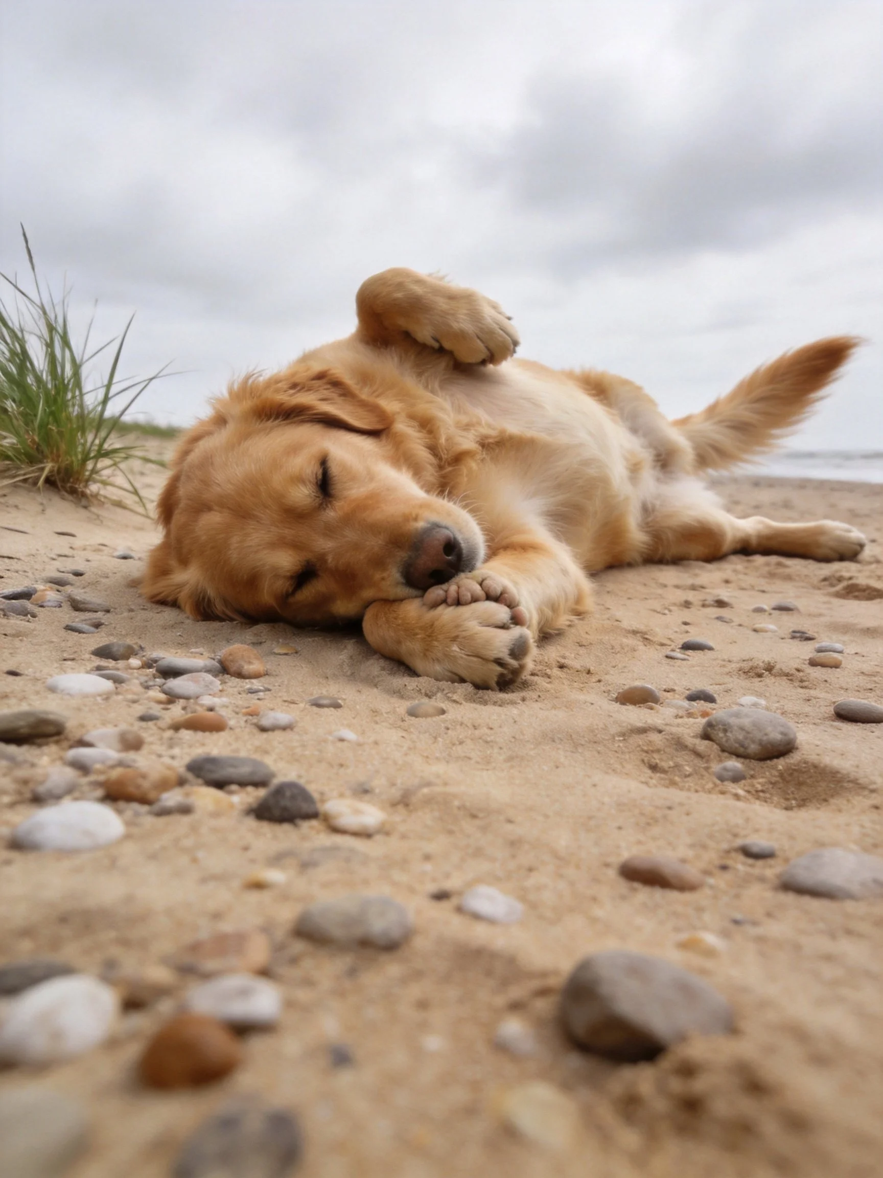 A golden retriever naps on a sandy beach dotted with small stones.