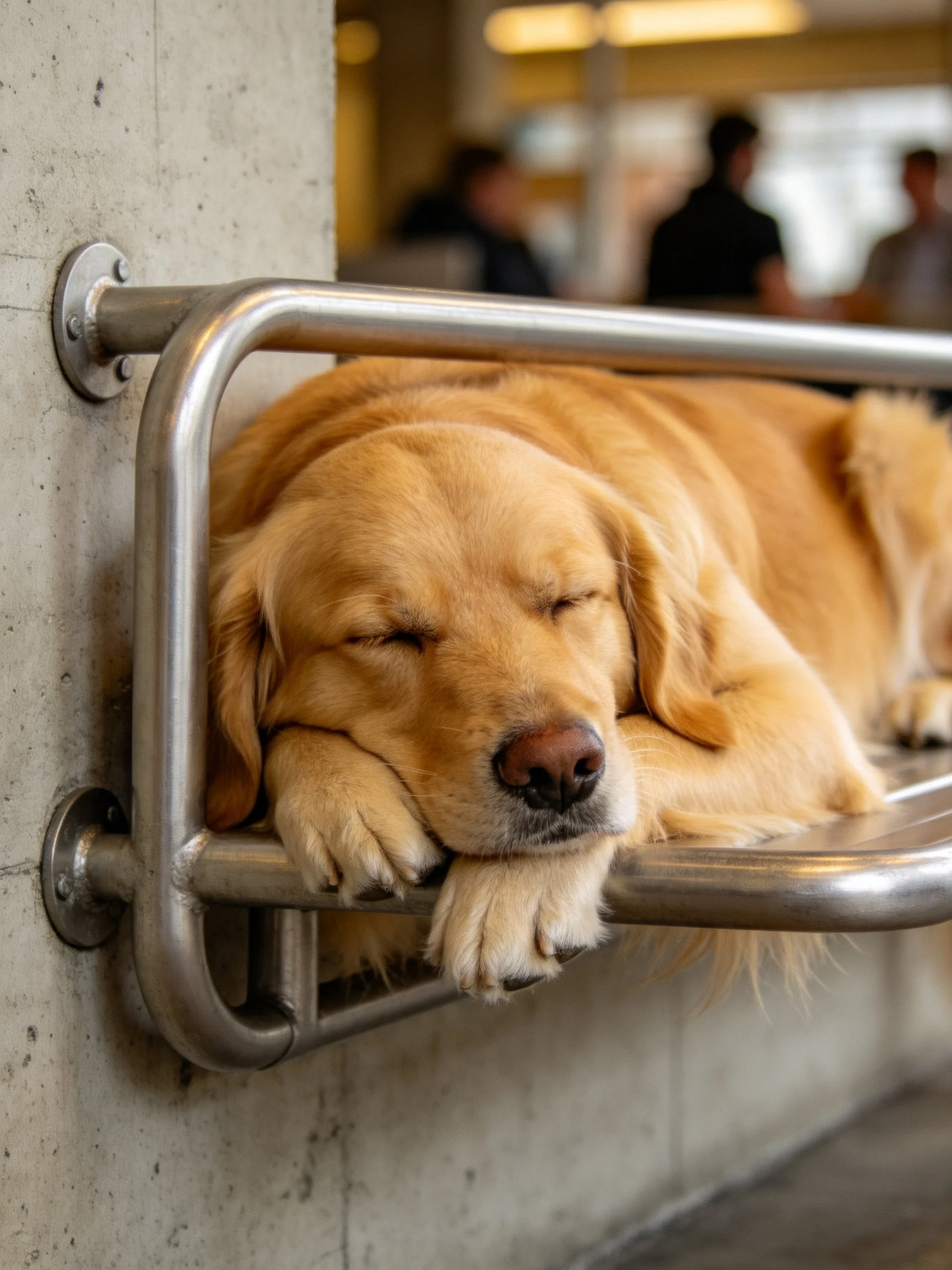 A golden retriever sleeps peacefully on metallic railings attached to a concrete wall