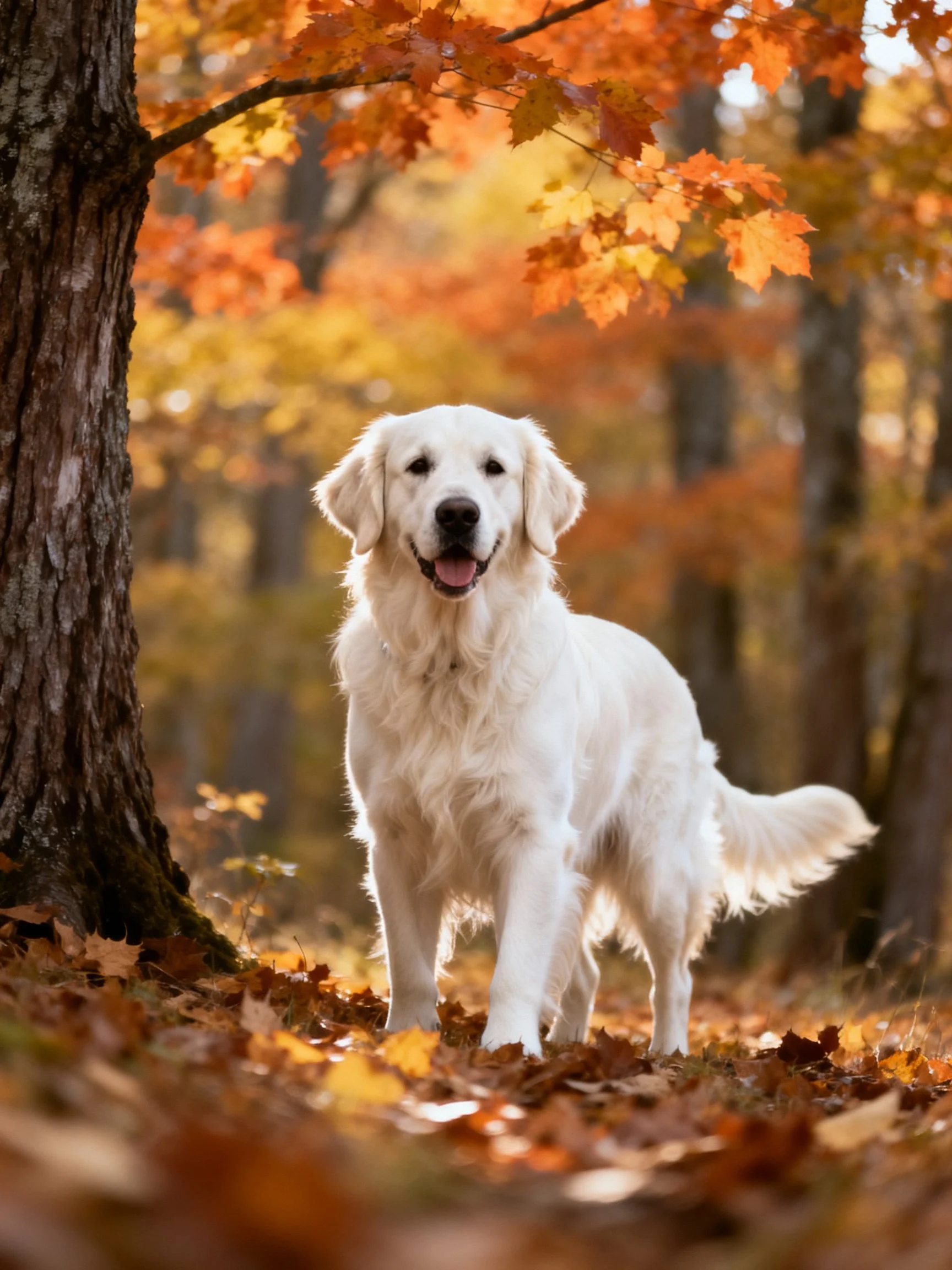 A golden retriever enjoys a sunny autumn day surrounded by colorful leaves and trees.