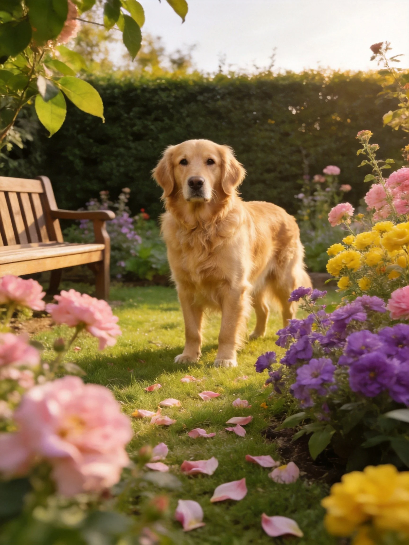 A golden retriever stands amid vibrant flowers and flower petals in a sunlit garden.