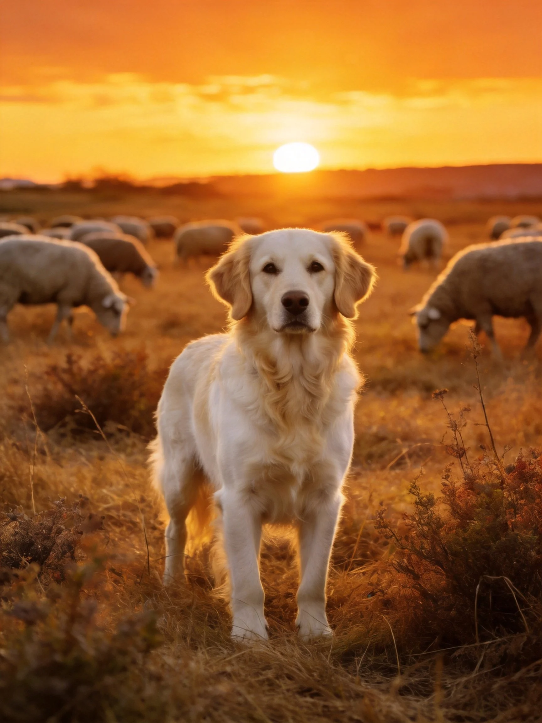 A golden retriever stands in a field as sheep graze beneath a glowing sunset sky.