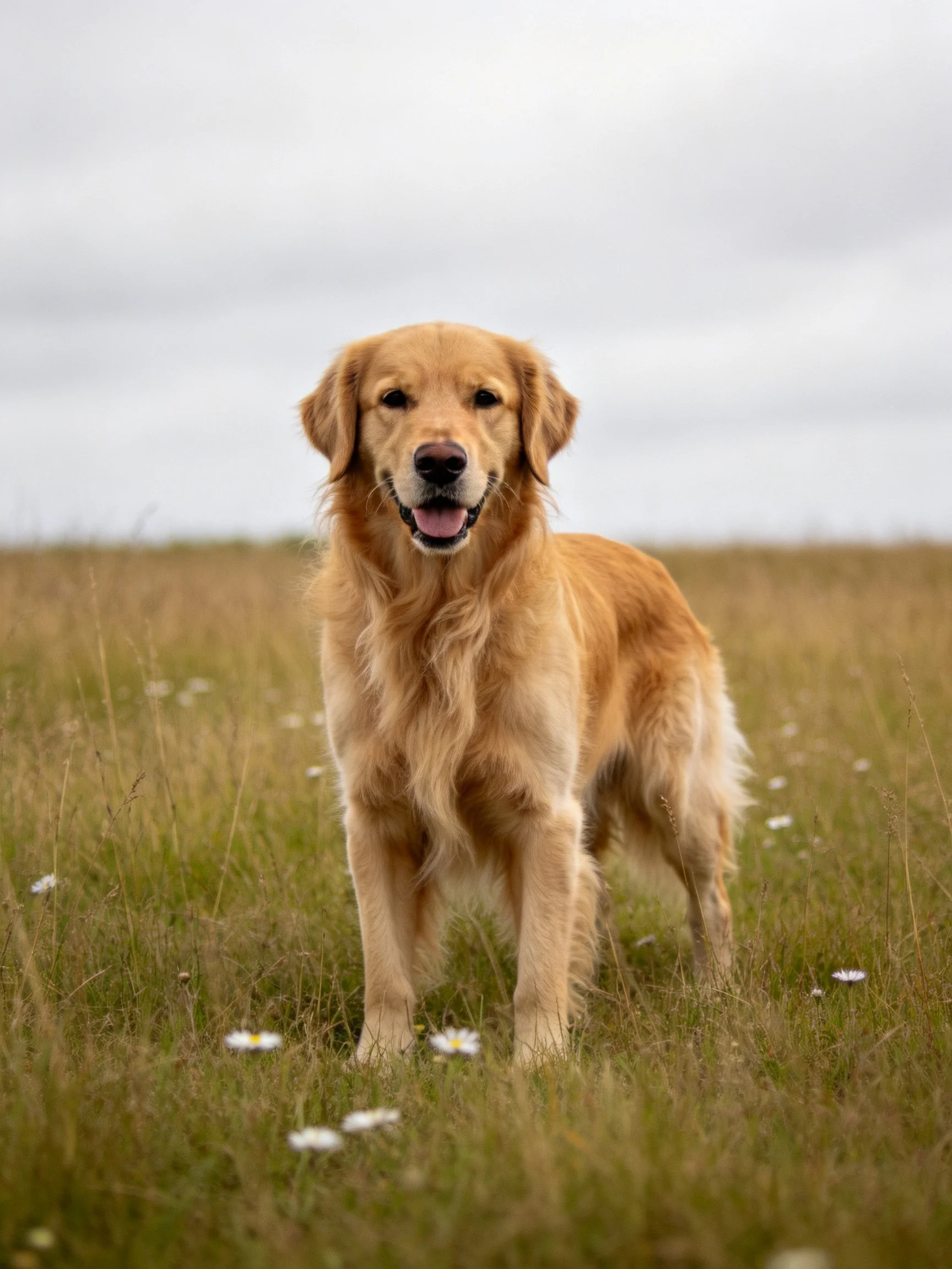 A golden retriever stands calmly in a grassy meadow dotted with small white flowers.