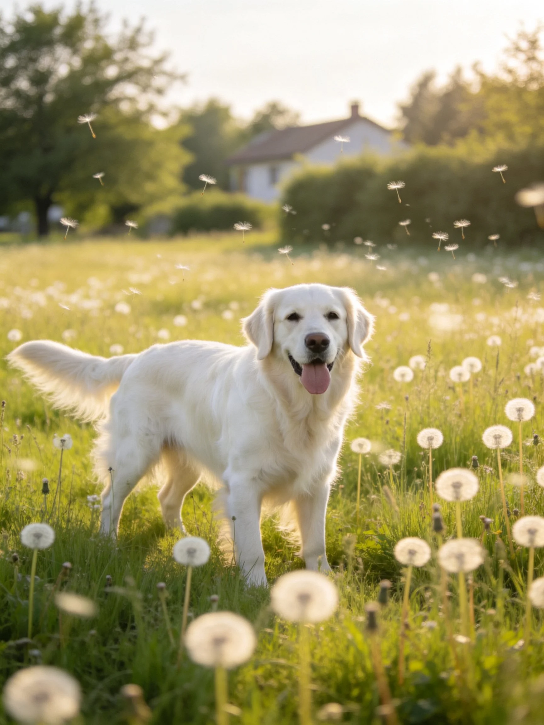 A golden retriever enjoys a sunny day among dandelions in a grassy field.