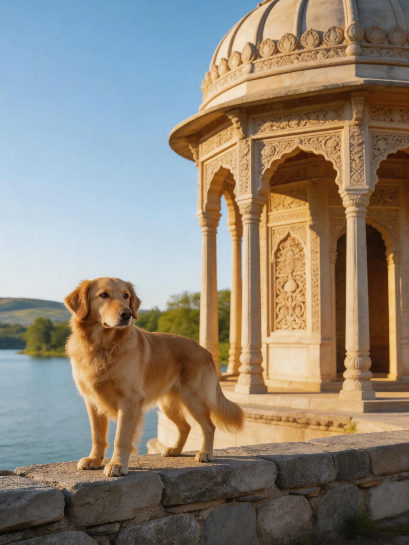 A golden retriever stands beside an ornate stone pavilion by a serene lake