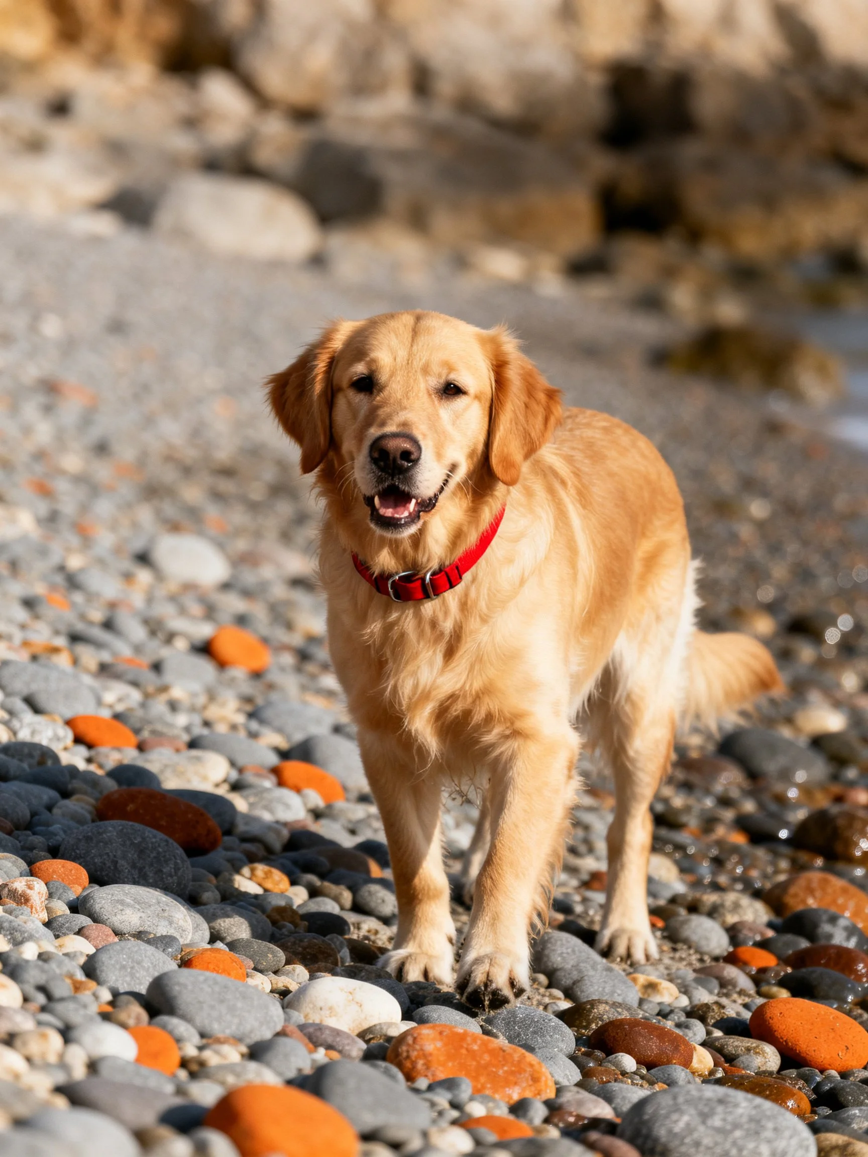 A golden retriever walks among multicolored pebbles on a rocky shore.