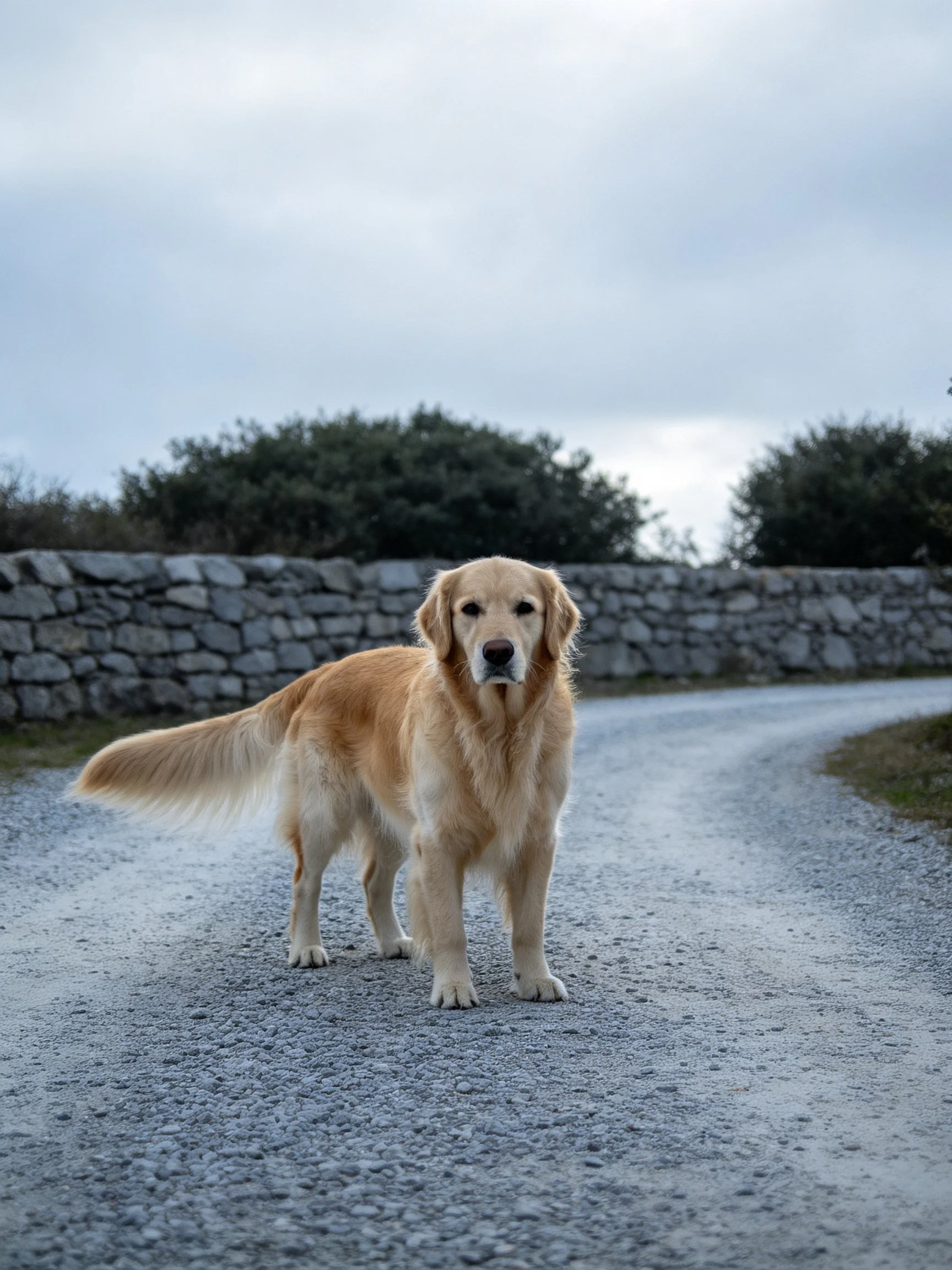 A golden retriever stands on a gravel road near a stone wall