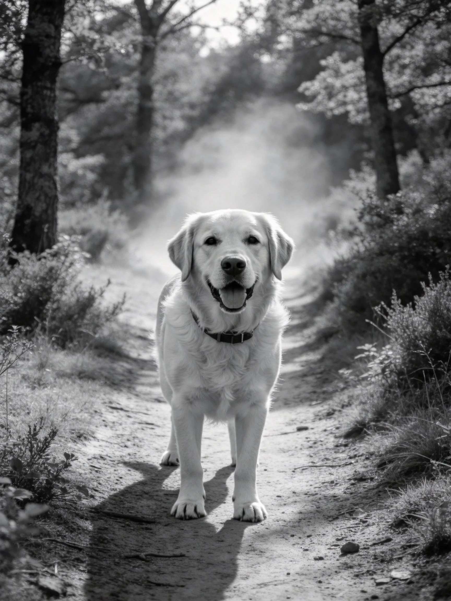 A golden retriever stands on a misty forest path amid tall trees.