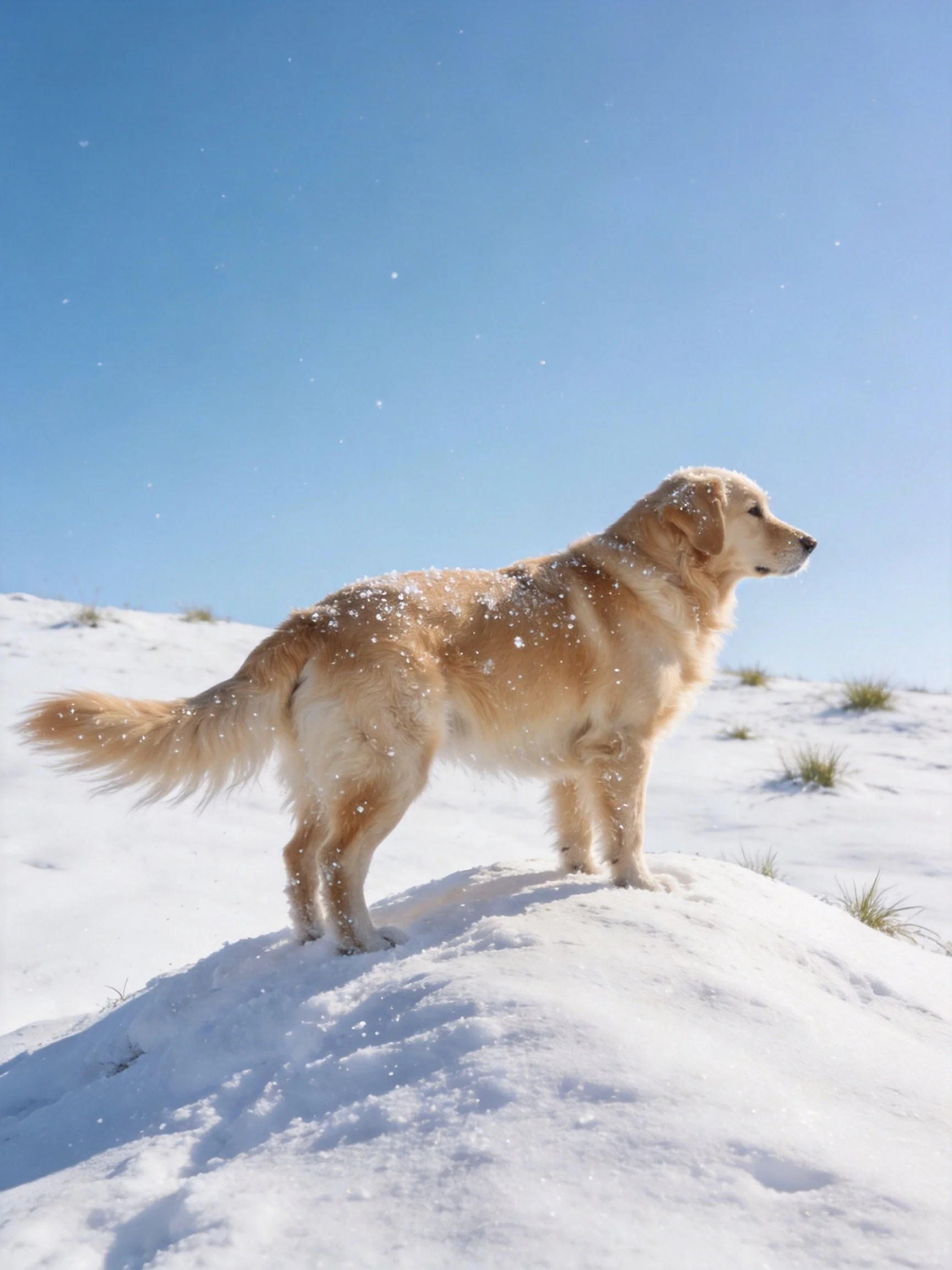 A golden retriever stands calmly on a snow - covered mound beneath a bright blue sky.