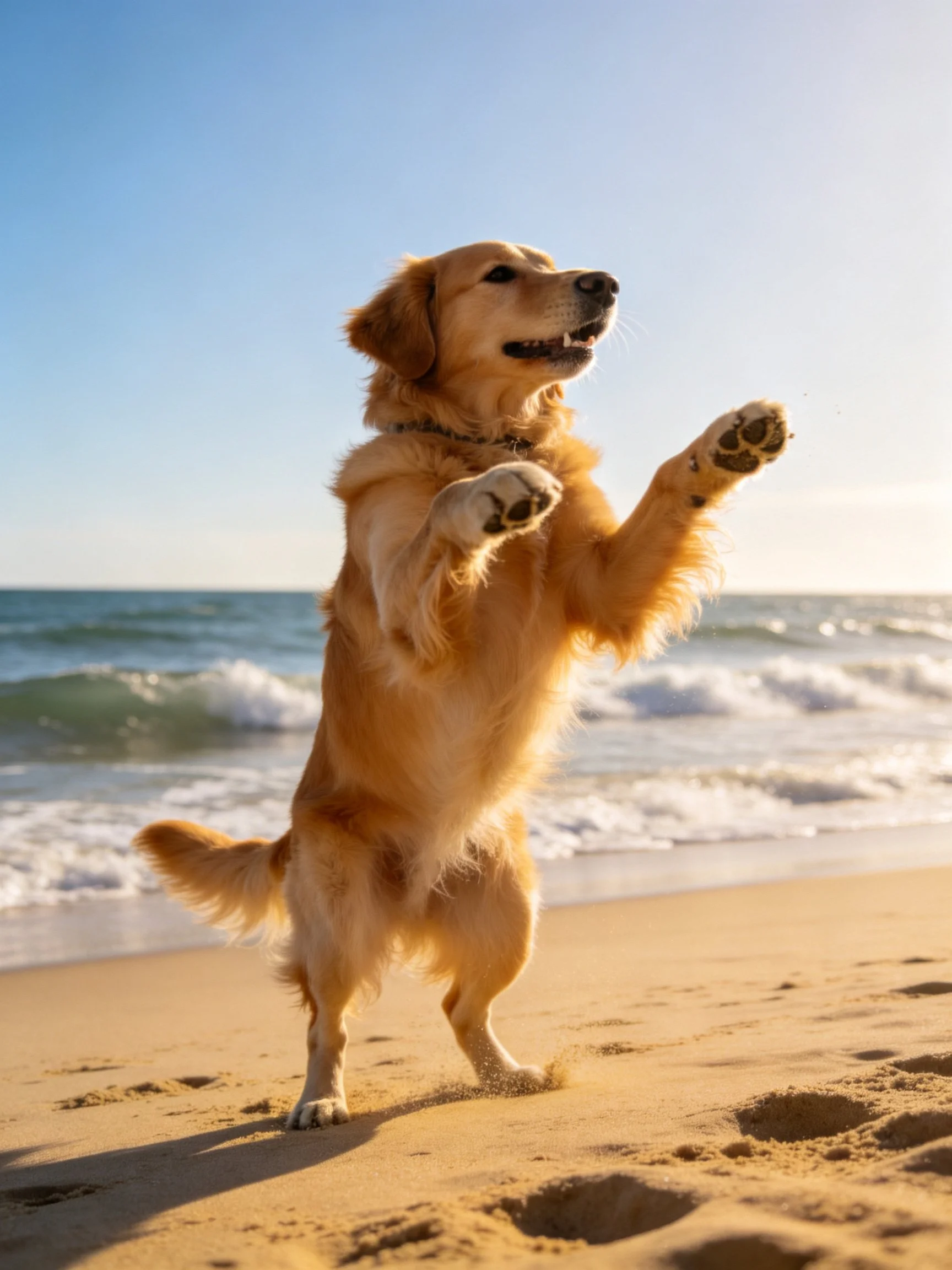 A golden retriever stands on hind legs at a sunny beach