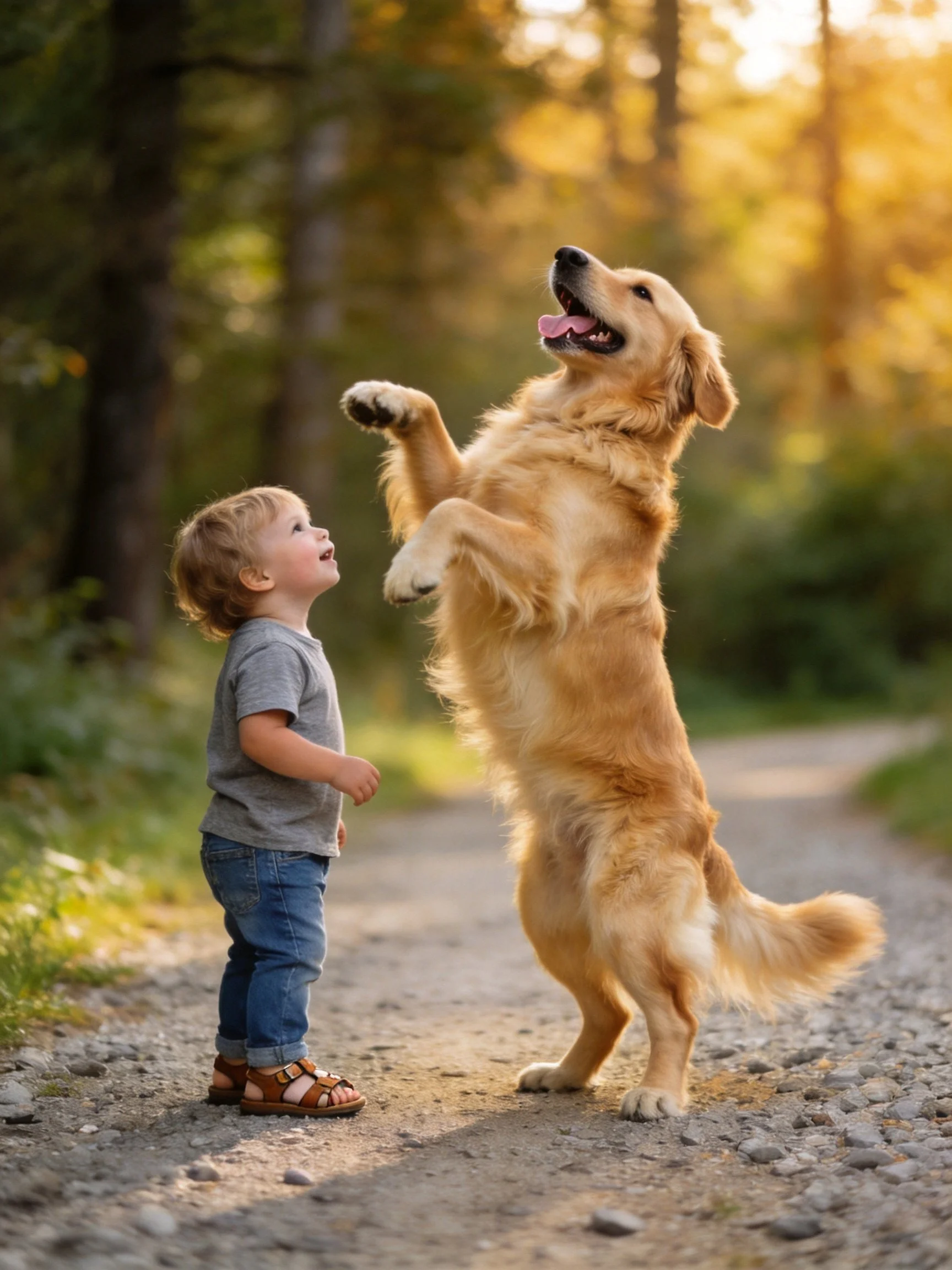 A golden retriever stands on hind legs beside a curious toddler on a forest path