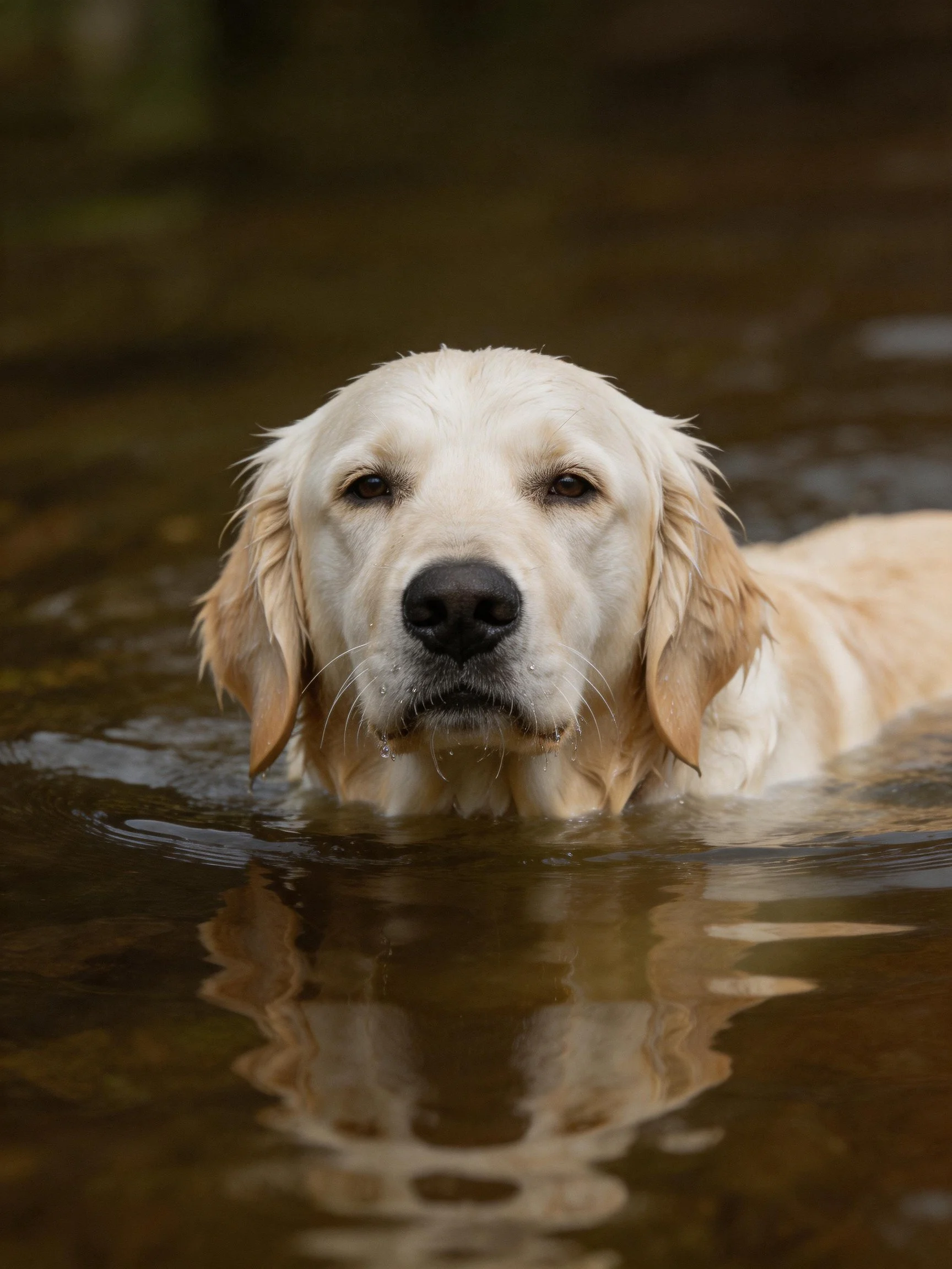 A golden retriever swims in brown water.