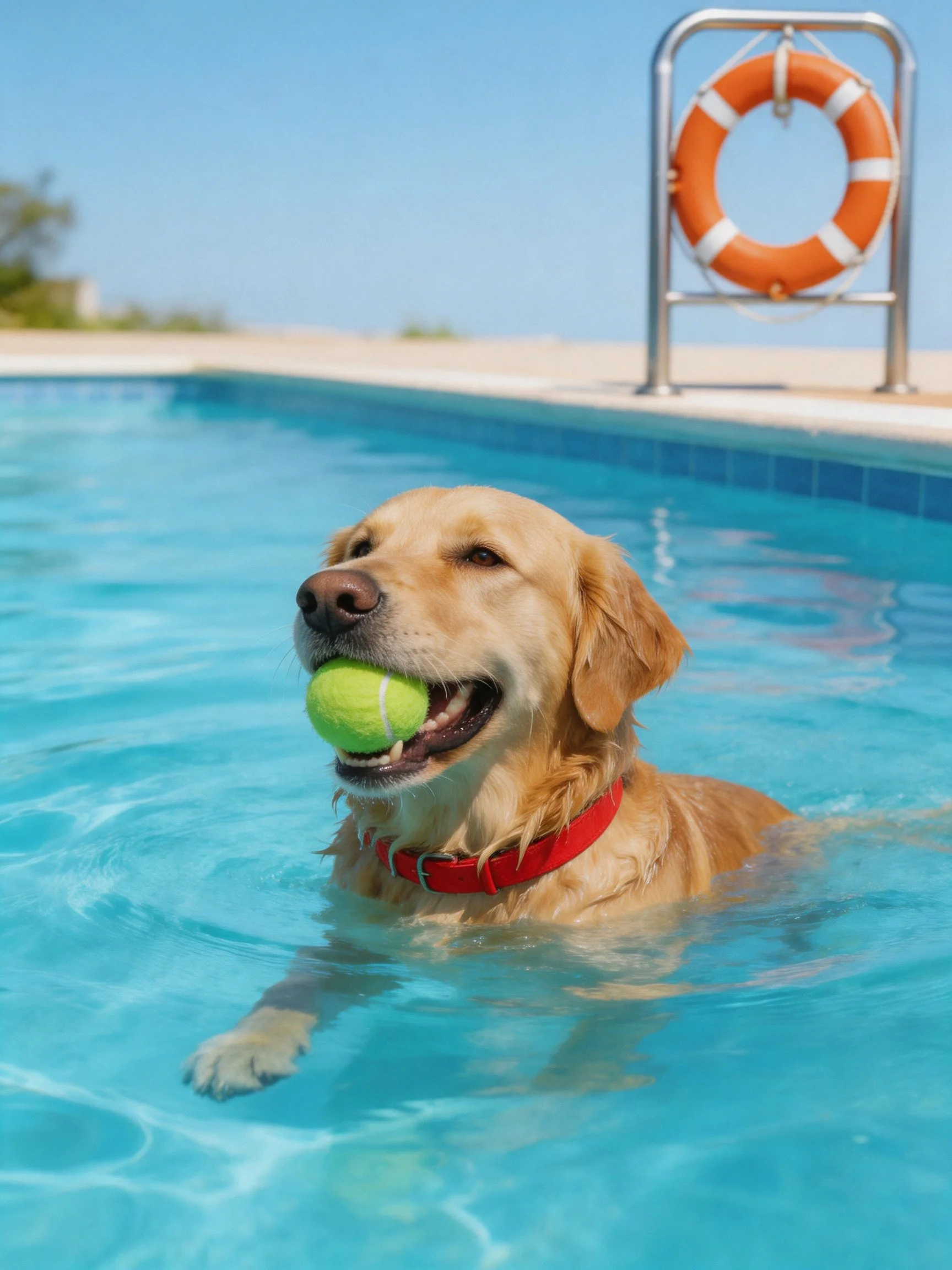 A golden retriever plays with a tennis ball in a swimming pool.