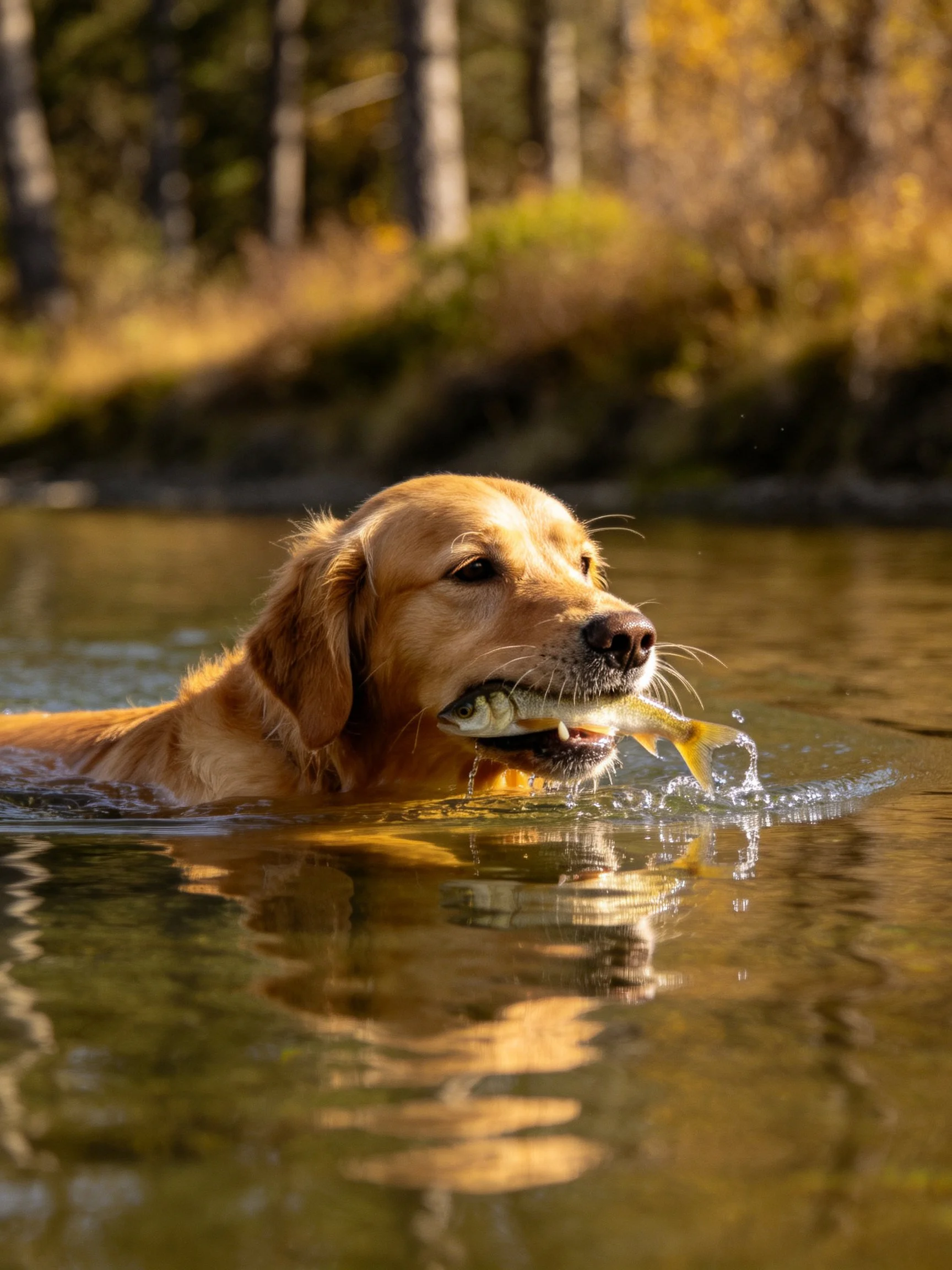 A golden retriever catches a fish while swimming in water.