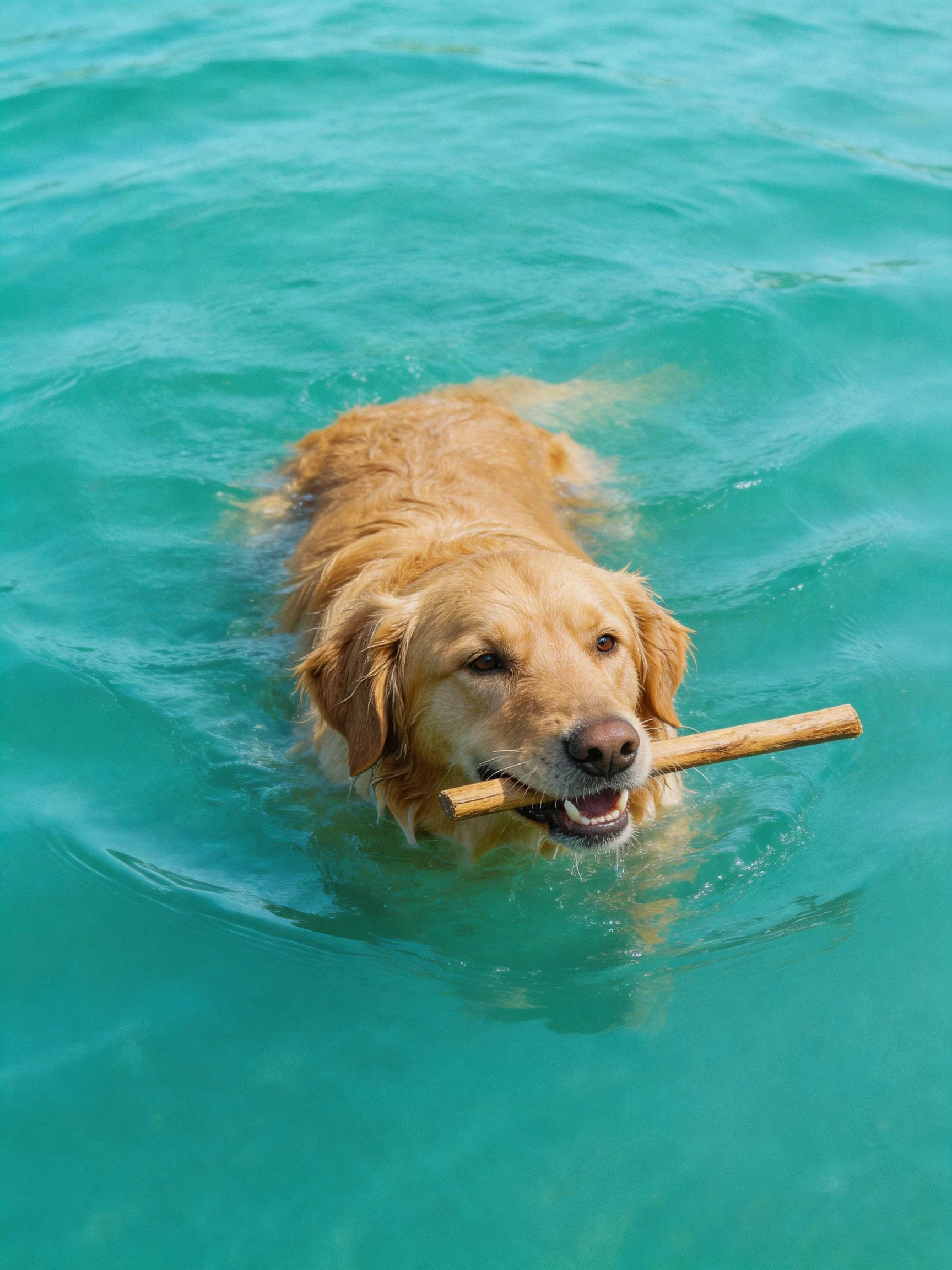 A golden retriever swims in turquoise water with a wooden stick