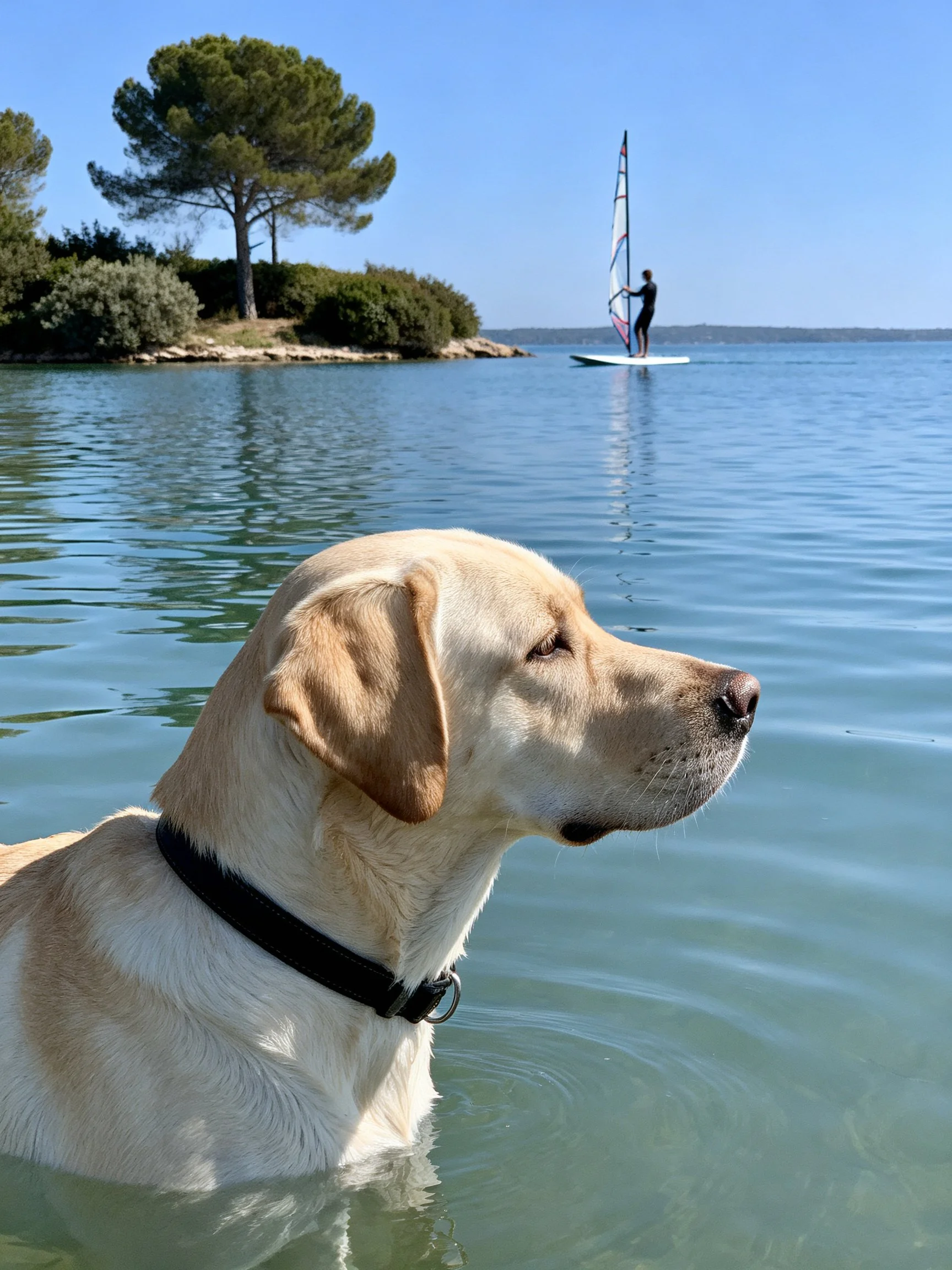 A golden retriever relaxes in calm waters while a windsurfer sails afar.