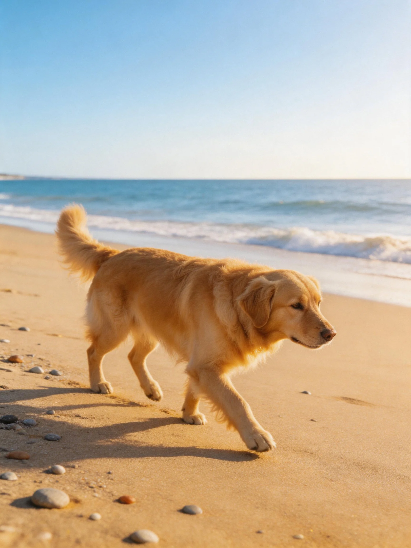 A golden retriever strolls on a sandy beach near the ocean waves