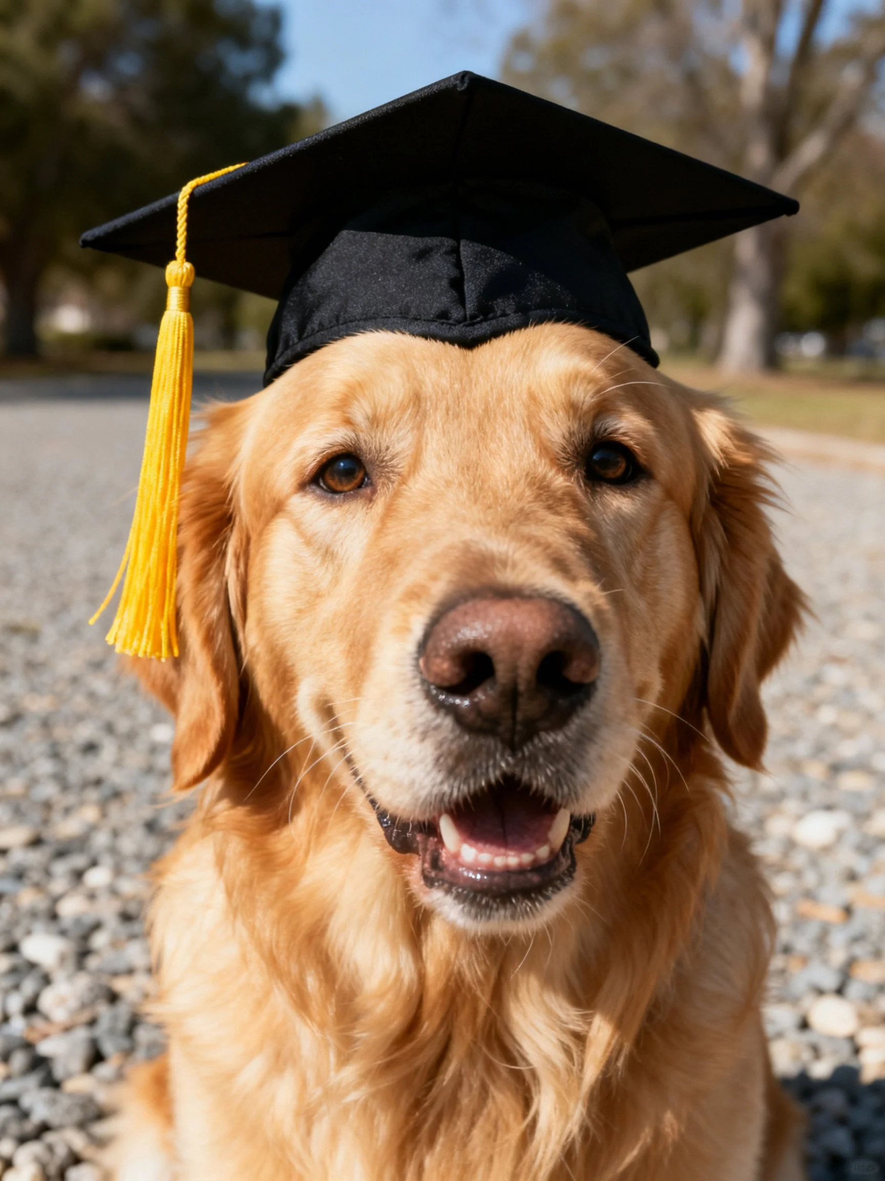 A golden retriever dons a graduation cap in an outdoor setting.