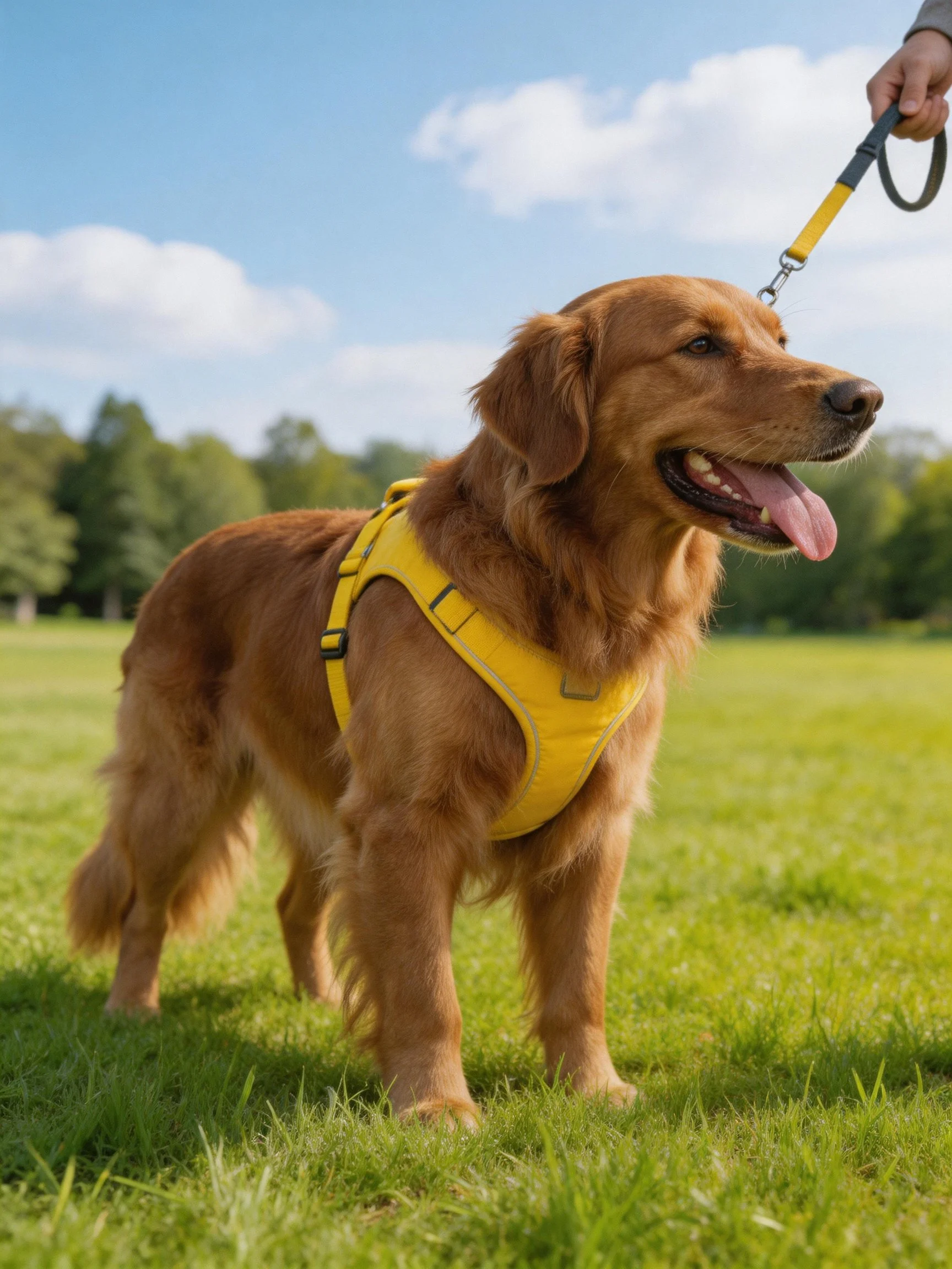 A golden retriever in a yellow harness stands on grass near a person holding a leash.