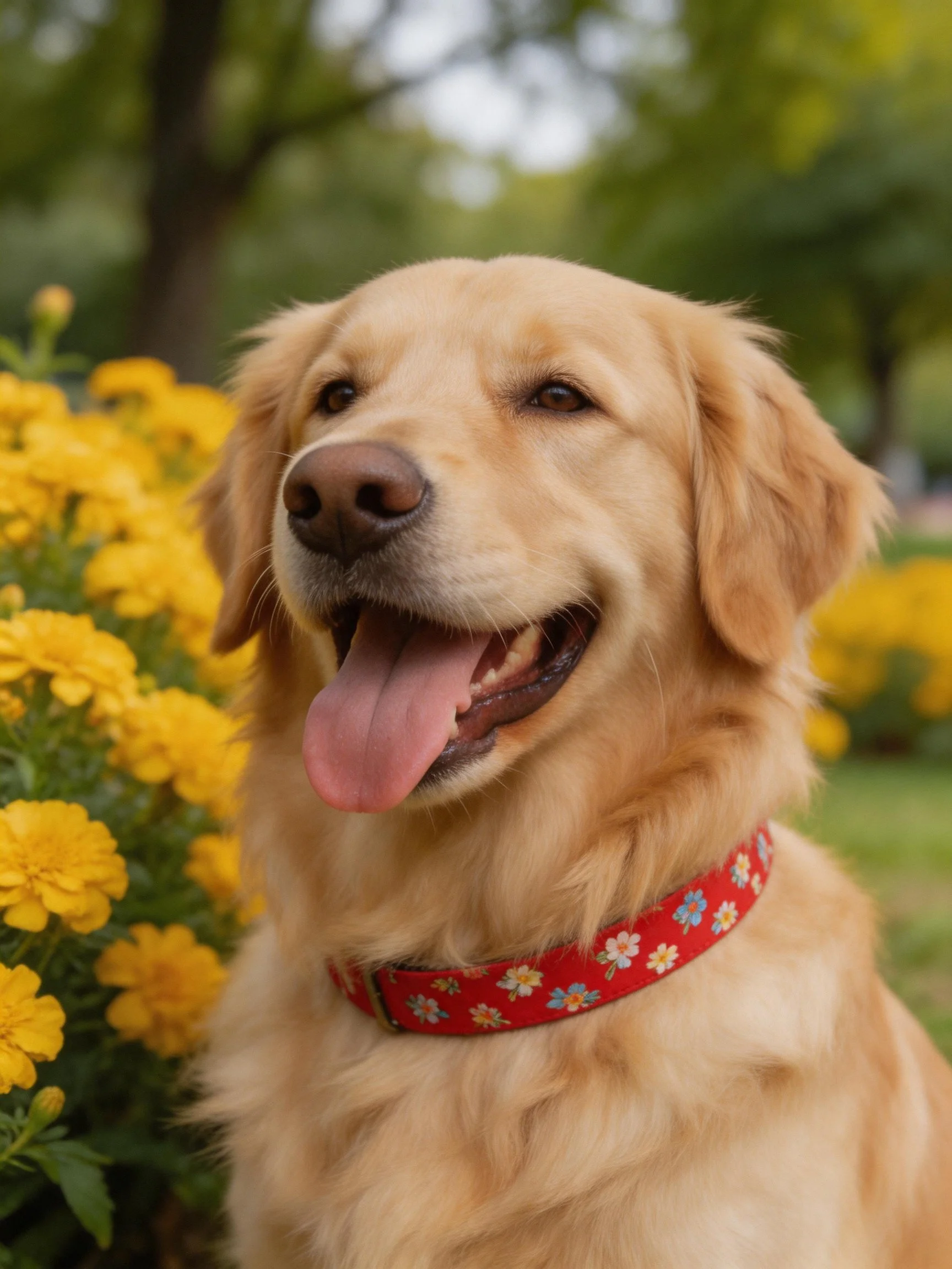 A golden retriever wearing a floral red collar near bright yellow flowers