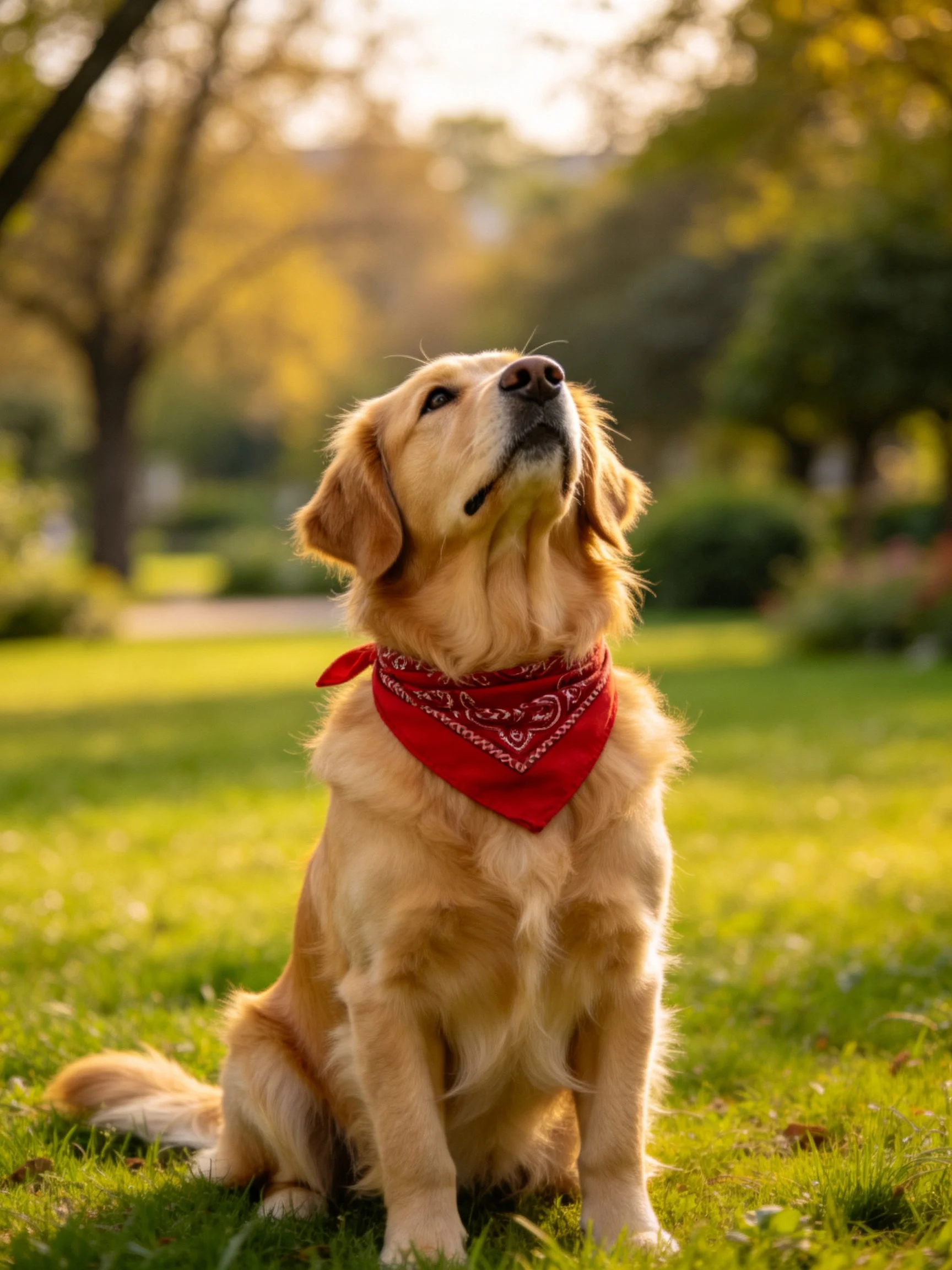 A golden retriever with a red bandana sits attentively in a sunlit outdoor setting