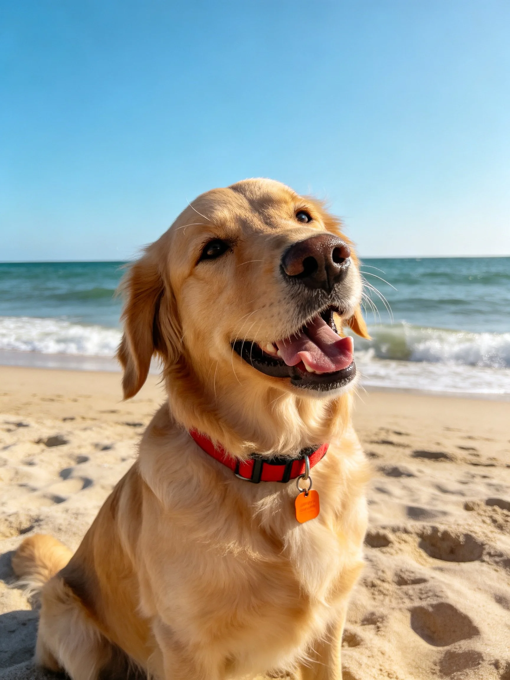 Golden retriever relaxes on a sunny beach by the ocean.