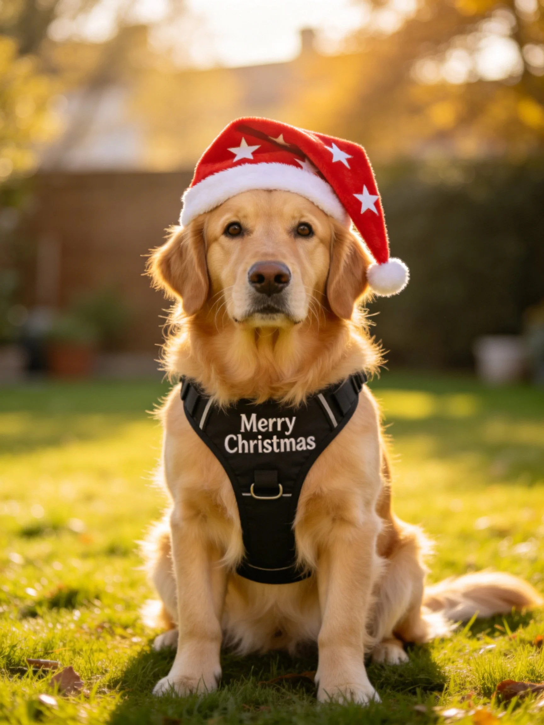 A golden retriever sits outdoors in festive holiday attire.