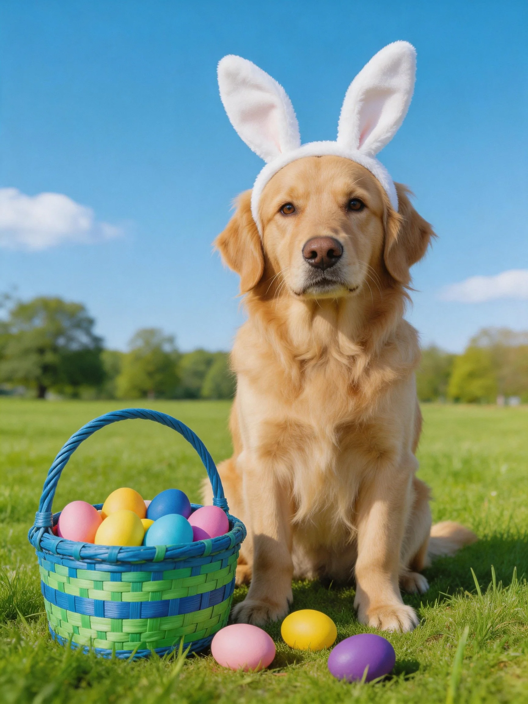 A golden retriever wearing bunny ears sits near colorful Easter eggs and a basket