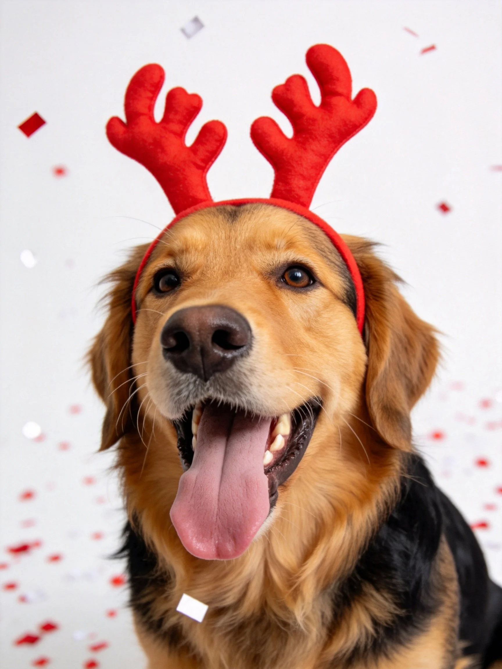 A golden retriever wears bright red reindeer antlers with scattered confetti