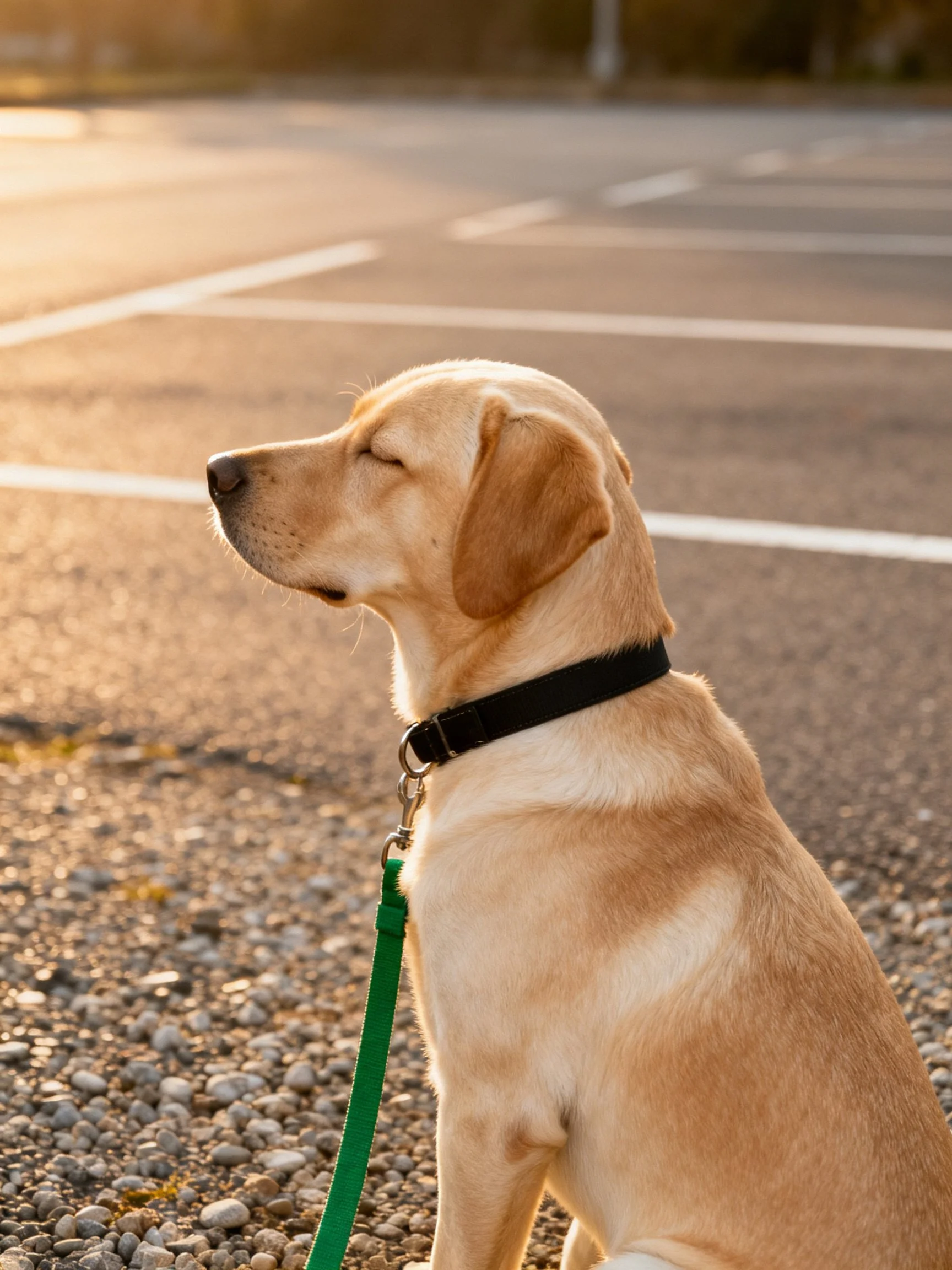 A golden retriever with a black collar rests on gravel beside a sunlit parking lot.