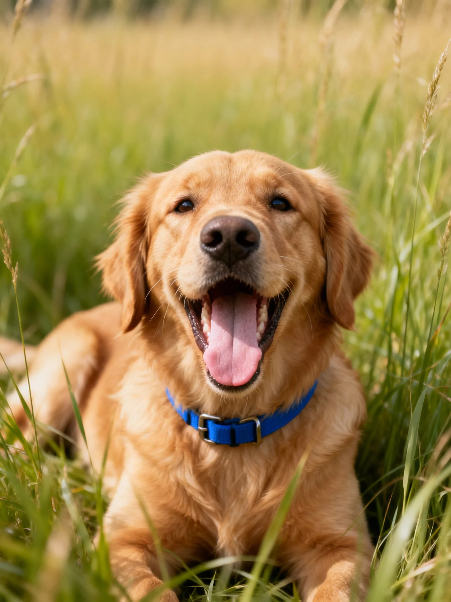 A golden retriever with a blue collar rests amid tall green grass