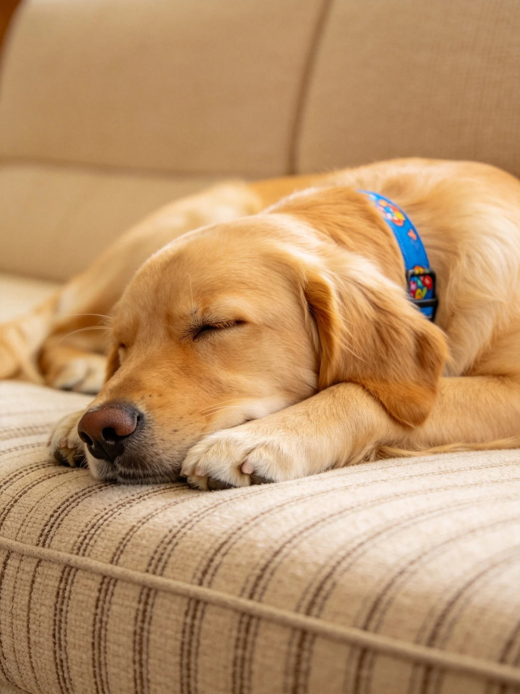 A golden retriever with a blue patterned collar sleeps on a striped couch