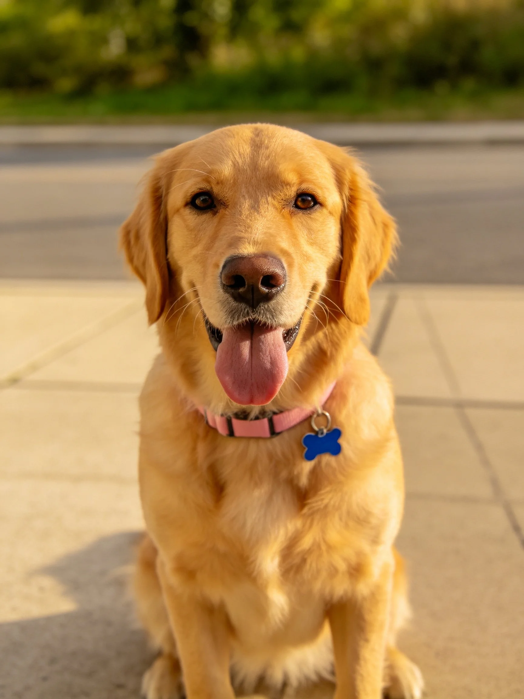 A golden retriever with a pink collar sits on pavement
