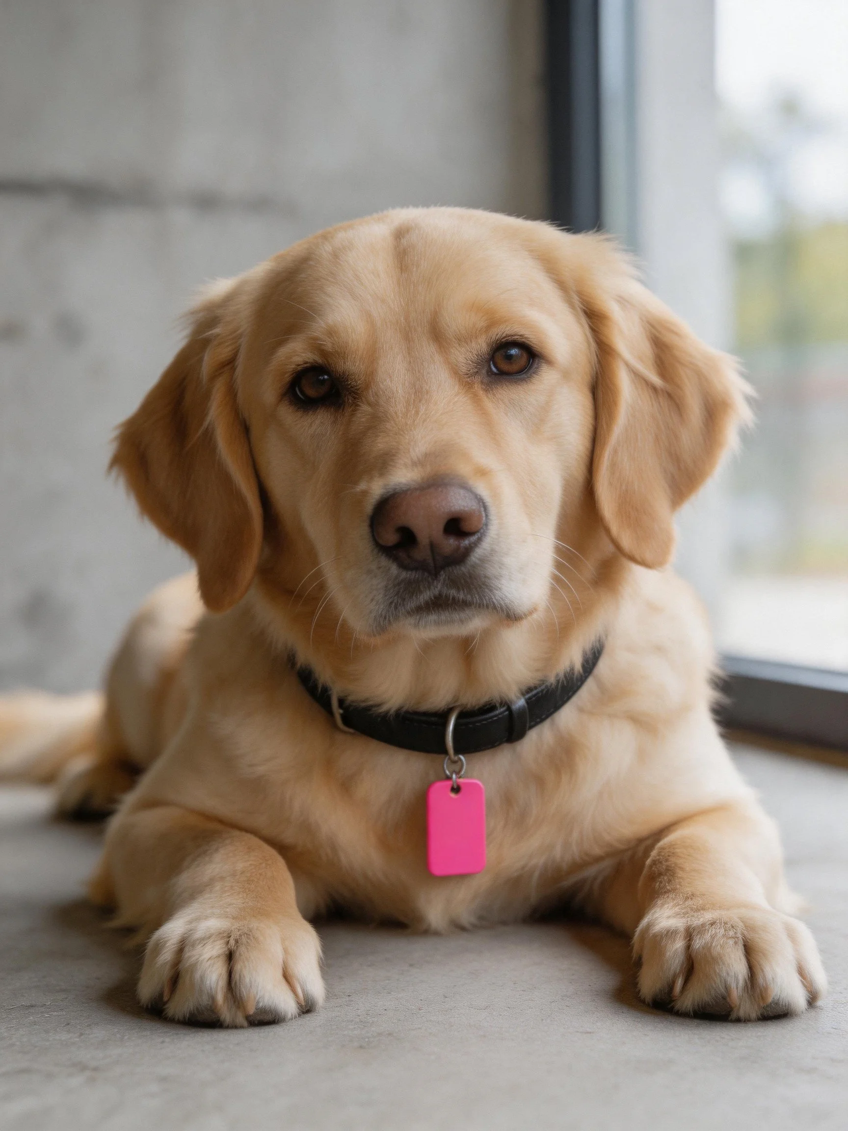 A golden retriever rests calmly by a window with a bright pink tag attached to its collar
