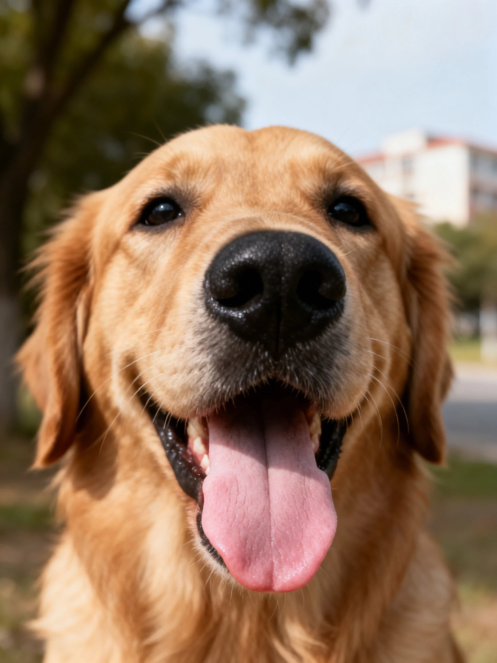 A golden retriever with a pink tongue, outdoors near trees