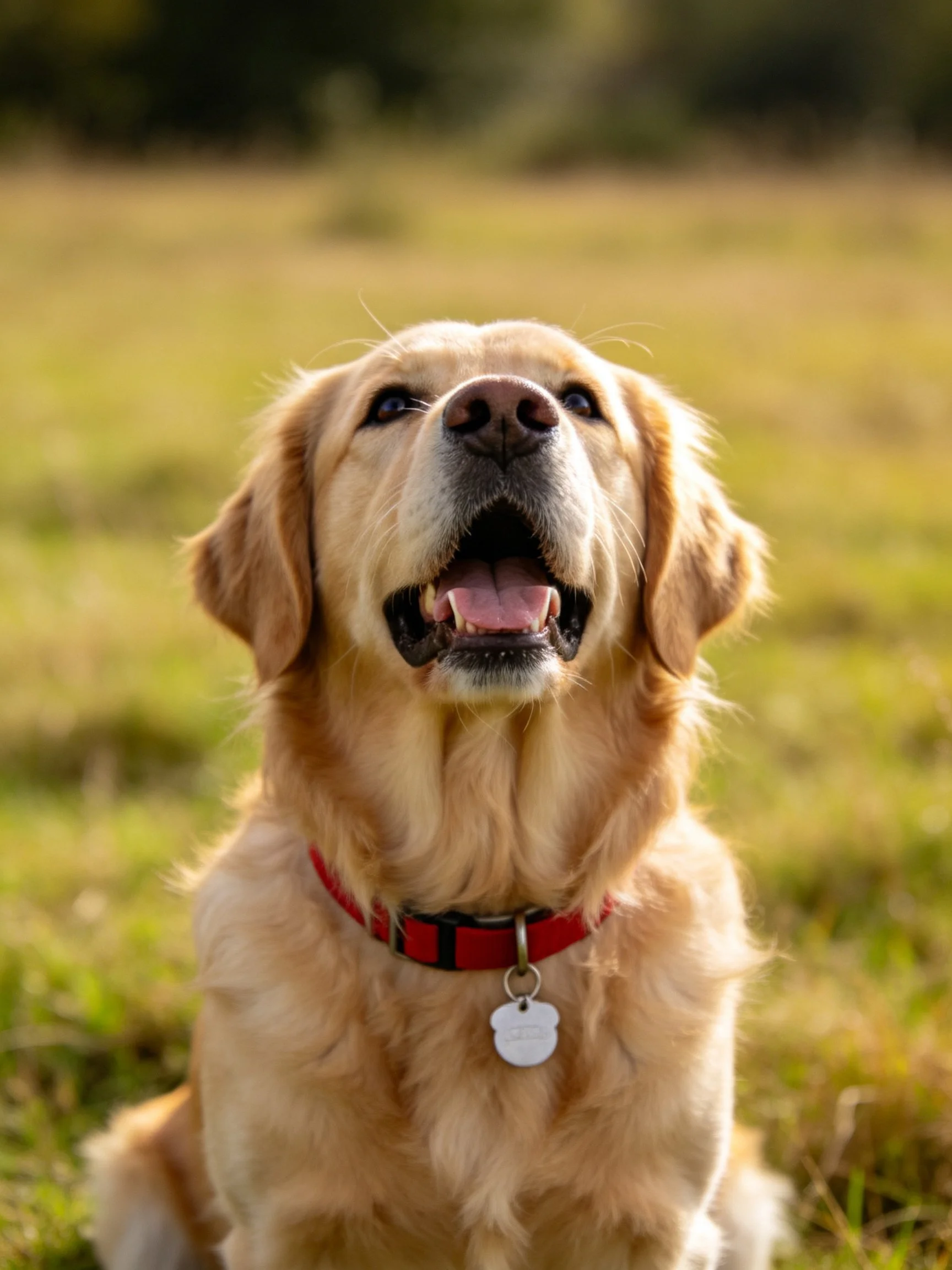 A golden retriever with a red collar in a sunlit grassy field