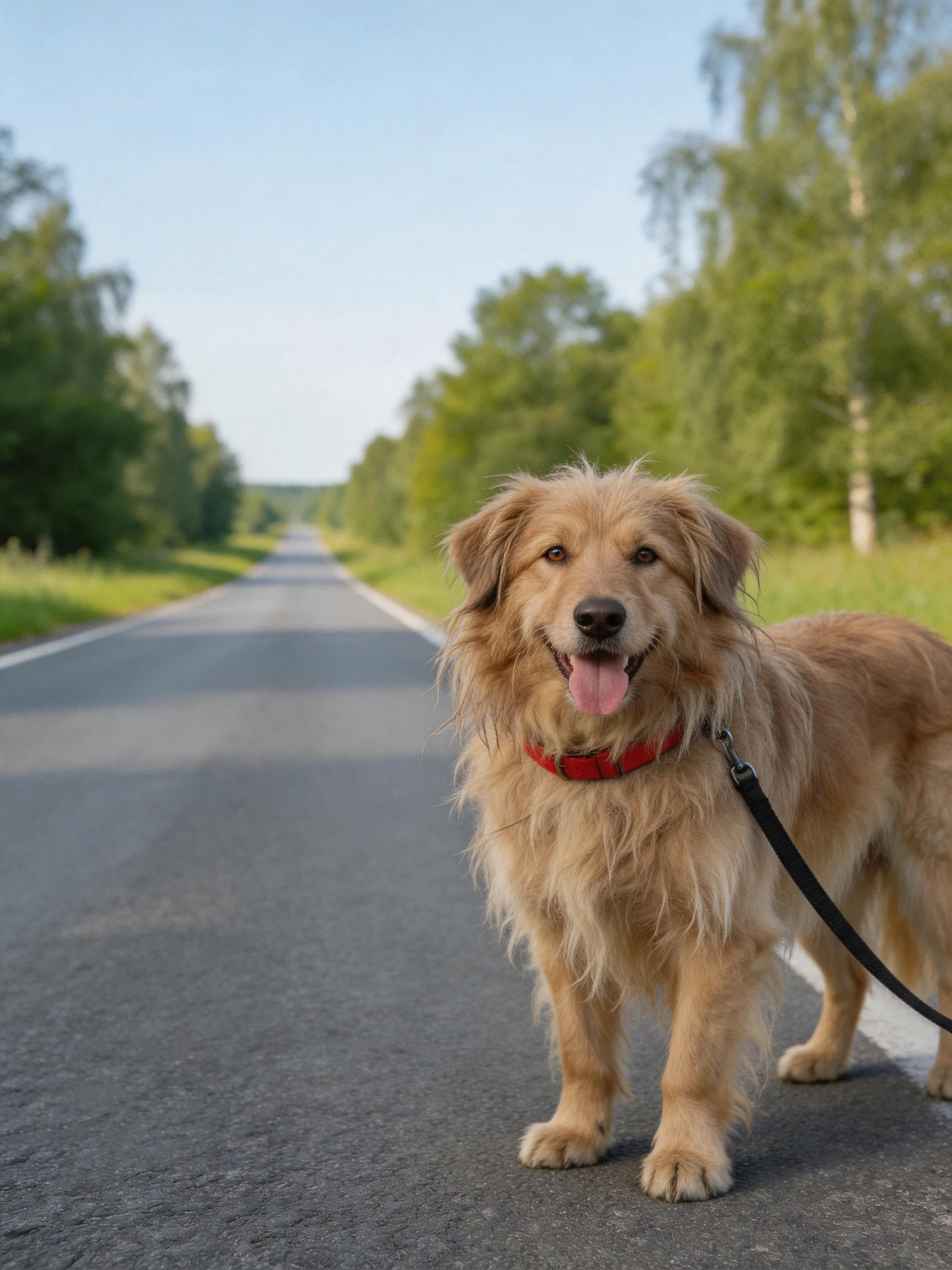 A golden retriever with a red collar on a tree-lined road