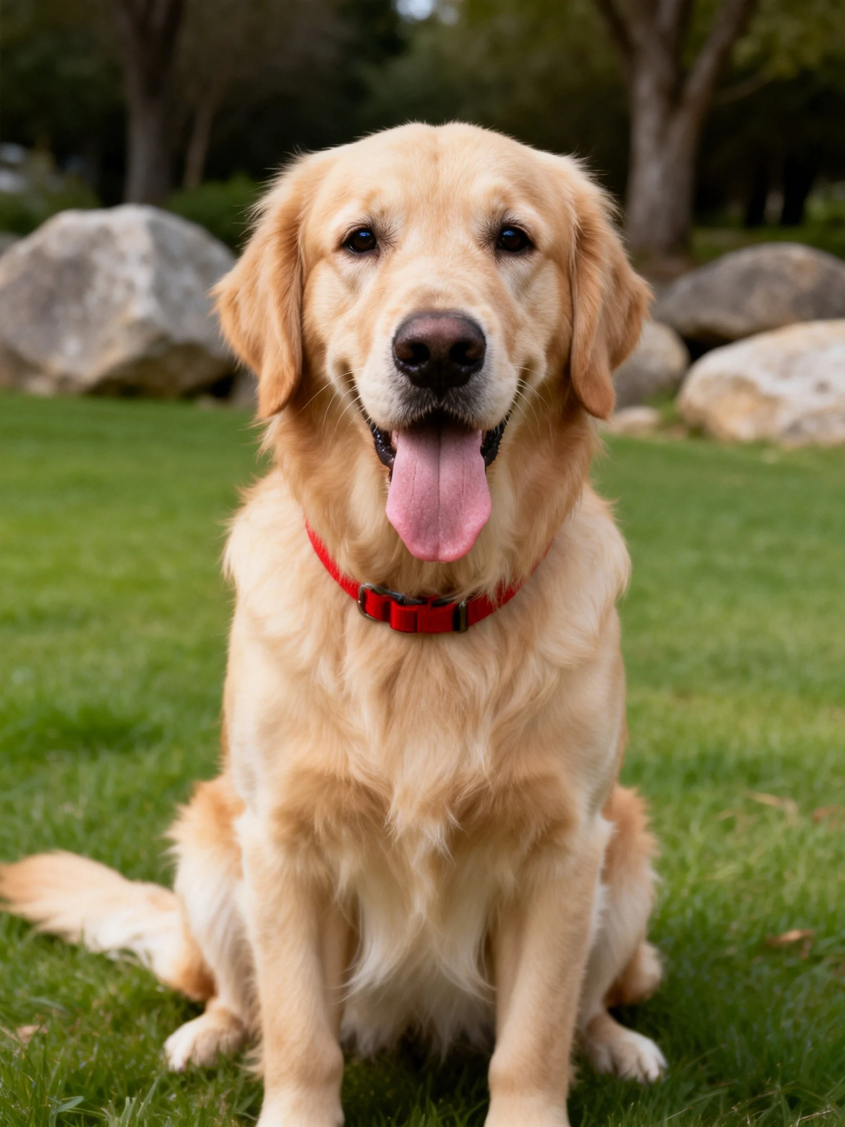 A golden retriever wearing a red collar sits on grass in a landscaped outdoor area.