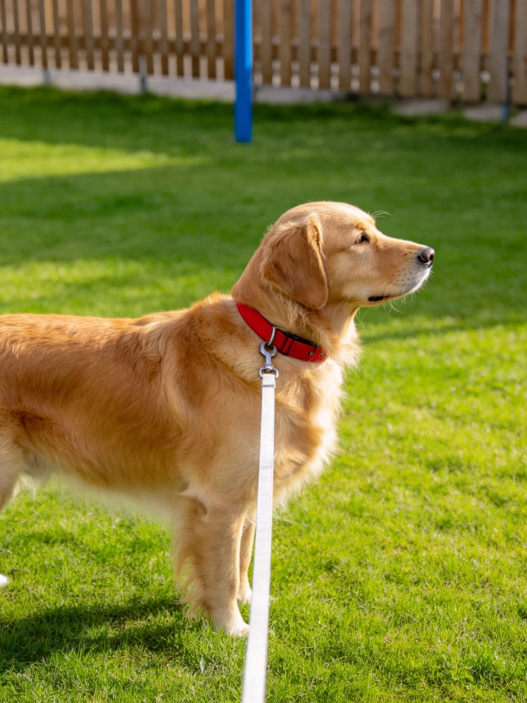 A golden retriever with a red collar stands on green grass in a fenced area.