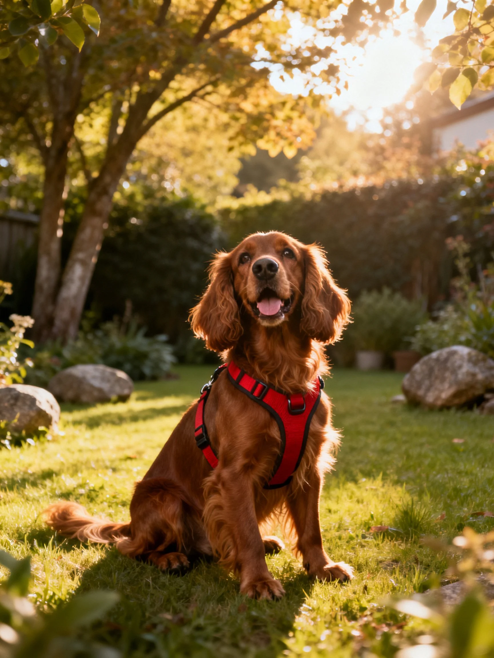 A golden retriever with a red harness sits in a sunlit garden