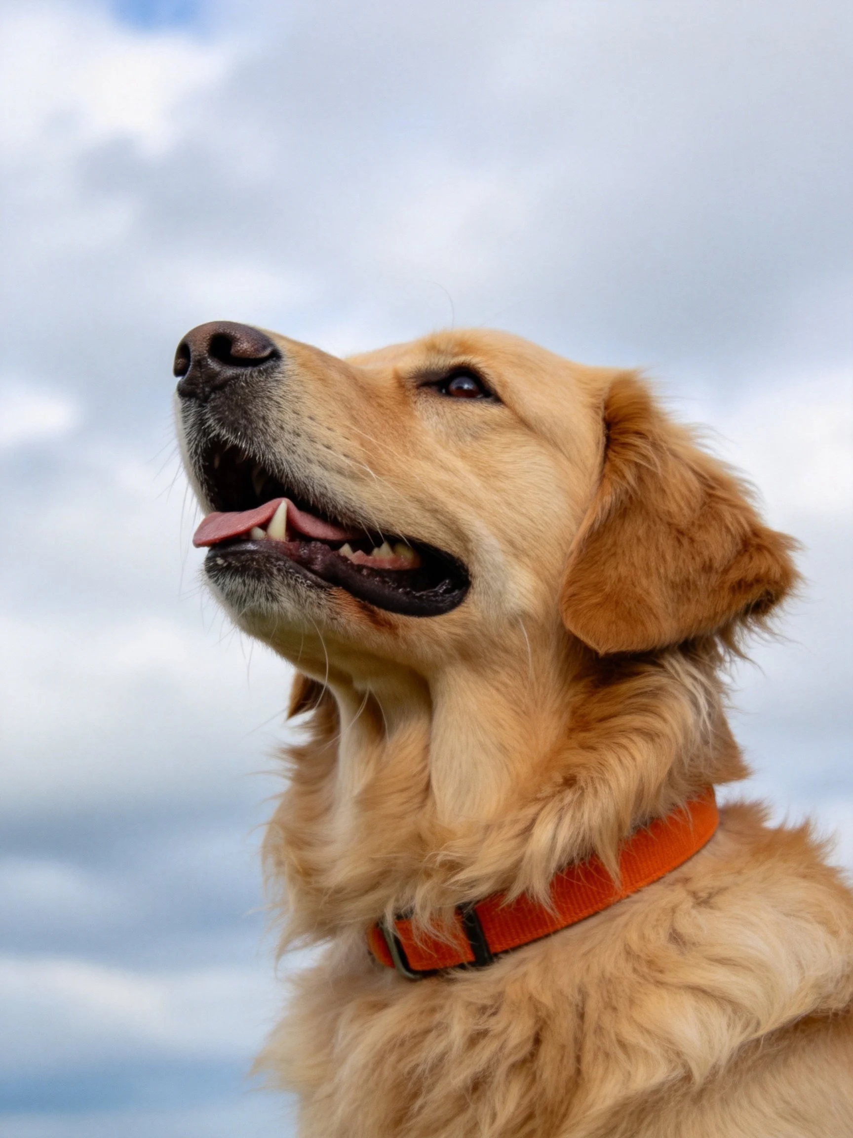 A golden retriever wearing an orange collar looks upward amid a cloudy sky.