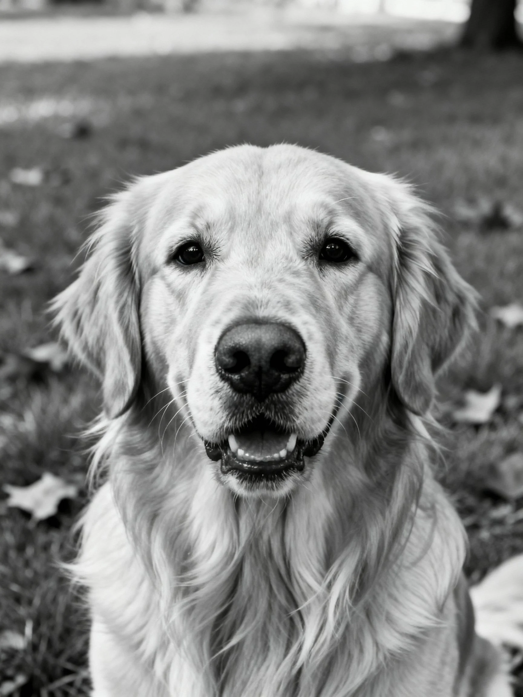 A golden retriever with long, wavy fur in an outdoor setting