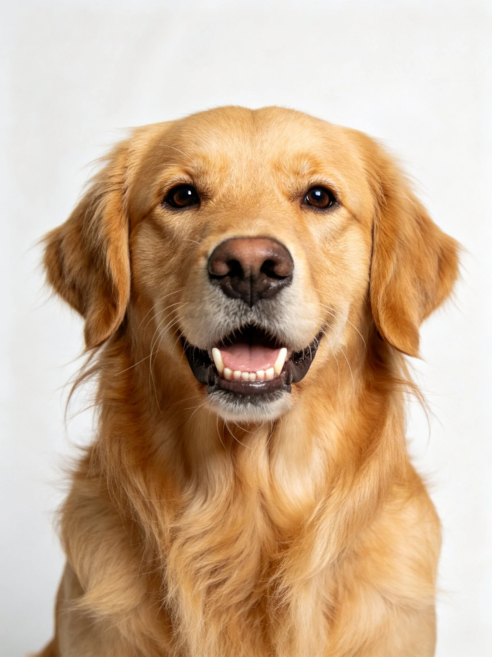 A golden retriever with long, wavy golden fur and a smiling face